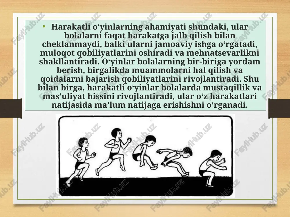 an, tezlikni oshirish, ko‘p qadamli harakatlarni bajarish yoki qoidalarni o‘zgartirish, bolalarda muammolarni hal qilish va e’tiborni jamlash qobiliyatini rivojlantiradi. shu bilan birga, harakatli o‘yinlar bolalarning hissiy rivojlanishiga ham yordam beradi. o‘yin jarayonida ular muvaffaqiyatni va muvaffaqiyatsizlikni his qiladi, bu esa ularni ruhiy jihatdan mustahkamlaydi va o‘z-o‘zini nazorat qilish ko‘nikmalarini shakllantiradi. natijada, harakatli o‘yinlar bolalarda ijtimoiy, aqliy va hissiy rivojlanishni birgalikda qo‘llab-quvvatlaydi, ularning jismoniy, ruhiy va ijtimoiy salohiyatini yanada rivojlantiradi. image7.png image8.png image9.png image10.png image11.png image3.png image4.png /docprops/thumbnail.jpeg