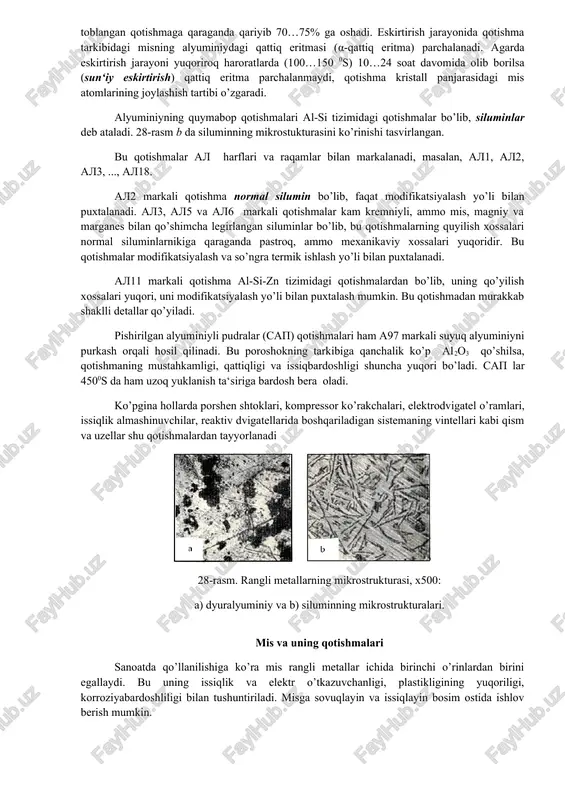 larinikidan bir necha barobar yuqori. shuning uchun samolyot soziikda keng qo'llaniladi. tovushdan tezuchar samolyotlar obshivak-qoplamalari uchun, qaysiki m = 3-3,5 da 450-500 °c qiziydi. kuch elementlari uchun ham: lonjeron, nervyura, shpangout. samolyotning magnit emas yoqilg'i baklari uchun ham ishlatiladi (32-rasm). 32-rasm. tu rusumidagi samolyotlarda titan qotishmalaridan tayyorlanadigan detallar: 1- vozduozabomik boshqaruvchi kronshteyn (bt22); 2 - vozduozabomik shpangouti (ot4); 3 - qanotning o‘rta qismi (schk) kuch (silovie) kronshteynlari (bt20); 4 - elevonni biriktiruvchi kronshteyn (bt20; 5 - boshqaruv rulini biriktiruvchi kronshteyn (ot4); 6 - nervyura dum qismi. alyuminiy va ularning qotishmalari mendeleev davriy sistemasida alyuminiy iii guruhdagi element bo`lib atom massasi 26,98 teng bo`lib, tarkib bo`yicha 13 o`rinda turadi. alyuminiyni elementar kristall panjarasini tipi yoqlari markazlashgan ko`b yacheykaga ega bo`lib, davri a=0,40412 nm ga teng. alyuminiyni eng asosiy xarakteristikasidan biri temir (7,8 g/sm3) va mis (8,9 g/sm3) elementlariga qaraganda solishtirma og`irligi kamligidir (2,7 g/sm3). alyuminiy yaxshi elektr o`tkazuvchanlikka ega bo`lib, misni …
