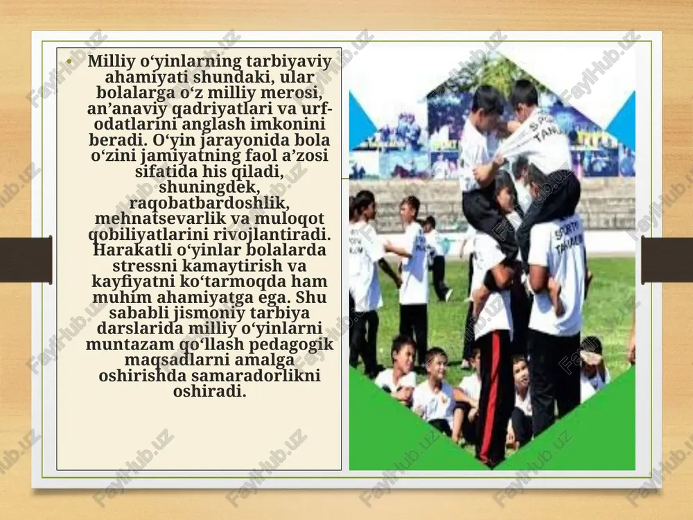 atlar bilan tanishtirish va ularni to‘g‘ri bajarish ko‘nikmalarini hosil qilish muhimdir. keyingi bosqichda esa o‘yin elementlarini murakkablashtirish, vaqt va masofa bilan o‘ynash orqali chidamlilik va kuchni oshirish mumkin. shu bilan birga, o‘yinlarda guruhli va individual mashqlarni uyg‘unlashtirish bolalarning ijtimoiy va jismoniy rivojlanishiga xizmat qiladi. chaqqonlikni rivojlantirish uchun tezkorlik va reflekslarni oshiruvchi o‘yinlar tavsiya etiladi. masalan, «qo‘lga oluvchi» yoki «boshqa rangga yugur» kabi o‘yinlar bolalarda tez harakat qilish qobiliyatini rivojlantiradi. kuchni oshirish uchun to‘p ko‘tarmoq, tortishish yoki sakrash elementlarini o‘rnatish mumkin. chidamlilikni rivojlantirishda uzoq davom etadigan yugurish yoki o‘yinlarni ketma-ket bajarish samarali bo‘ladi. shu bilan birga, o‘yinlar bolalarning ruhiy chidamliligini ham oshiradi, ularni qiyinchiliklarga bardoshli qiladi va jismoniy faoliyatga bo‘lgan qiziqishni mustahkamlaydi. image7.png image8.png image9.png image10.png image11.png image12.png image3.png image4.png /docprops/thumbnail.jpeg