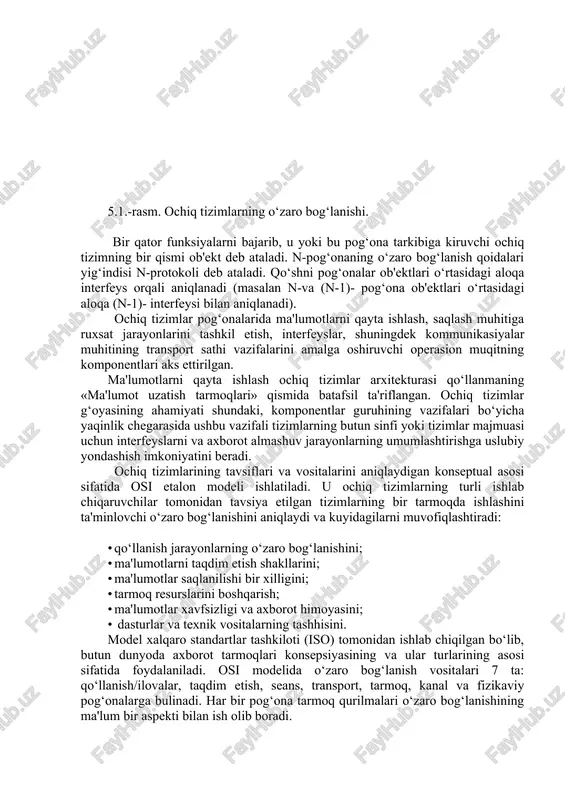 tladi. britaniyalik olimlardan biri «bu standartlar fan va texnikaning rivojlanishiga qaraganda, foyda va zarar to‘g‘risidagi hisoblarga ko‘p g‘amxo‘rliklar qiladigan monopoliyachilar tomonidan yaratilgan, o‘zining «yopiq arxitekturasi» tufayli hech nima bilan bog‘lanmaydigan avtonom rejimda ishlovchi alternativ an’anaviy hisoblash tarmog‘ini o‘zida mujassamlashtirgan» deydi. umuman ochiq arxitektura haqiqatda kerak edi. tarmoq kundan-kunga kattalashib borardi. tarmoqlar o‘rtasida moslashtirish murakkab bo‘lib qolaverdi. voqealar zanjirini tushunish uchun quyida xronologik ketma-ketliklarni qo‘yish kerak: 1974-yil ibm paketli kommutatsiya tarmog‘ida birinchi korporativ protokollar systems network architekture ishlab chiqdi. 1975-yil inwg paketli tarmoq bo‘yicha ccitt ga taklif kiritdi va bu taklif rad etildi. serf inwg ni tark etdi. 1976-yil ccitt «virtual kanal»ni ishlatuvchi paketli kommutatsiya uchun standart x-25 tavsiyanomasini nashr qildi. 1977-yil osi «open systems interconnection» (ochiq tizimlarning o‘zaro bog‘lanishi) xalqaro standartlar tashkilotida «tarmoq modeli» bo‘yicha qo‘mita yaratildi. 1978-yil (28.02.–2.03) osi qo‘mitasining birinchi yig‘ilishi, ya’ni modelni «xomaki varianti» qabul qilinadi. oxirgi uchrashuv esda qolarli bo‘ldi. o‘nta davlatning telekom bo‘yicha qo‘mitasining ishtirokchilari …