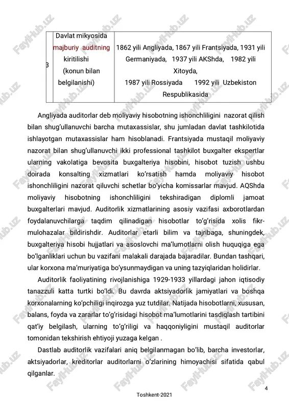 uditorlik apparati bo’lib, u bevosita parlament yoki prezidentga bo’ysunadi. uning asosiy vazifasi davlat byudjetining xarajatlar qismini umumiy nazorat qilishdir. 2. soliq boshqarmasi. hukumatga yoki moliya vaziriga bo’ysunadi, davlat byudjeti daromadlar qismining to’ldirilishini nazorat qiladi. 3. vazirliklardagi nazorat taftish bo’linmalari byudjet tomonidan mablag’ bilan ta’minlanib, davlat moliyaviy nazoratining oliy organi yoki tegishli vazirlikka bo’ysunadi. asosiy vazifasi byudjet mablag’larining to’g’ri sarflanishini nazorat qiladi. 4. mustaqil auditorlik moliyaviy nazorat balans ma’lumotlarining to’g’riligini, amalga oshirilgan muomalalarning qonuniyligini shartnoma asosida nazorat qiladi. nodavlat sektoridagi korxona va tashkilotlarga ham shartnoma asosida hisob va moliya masalalari bo’yicha maslahat (konsultatsiya) beradi. rivojlangan mamlakatlarda mustaqil auditorlik tashqi moliyaviy nazoratning asosiy shakli bo’lib hisoblanadi va u keng profilli taftishchilar tomonidan amalga oshiriladi. turli mamlakatlarda auditni tashkil qilish bilan bog’liq qoidalarni o’rganish shuni ko’rsatadiki, ularda bir-biriga o’xshashliklar mavjud:  korxonalar moliyaviy hisobotlarini majburiy audit nazoratidan o’tkazish;  auditorlik faoliyati bilan shug’ullanuvchilar uchun ma’lum malakaga ega bo’lishi bilan bog’liq talablar.  auditorlikka …