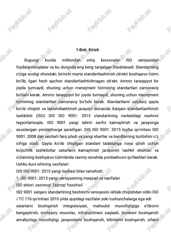tandarti hujjatlar va yozuvlarni farqlaydi va ularga turli talablarni qo’yadi. iso 9000 standartlari bo’yicha hujjat lar birlamchi hisoblanadi va odatda tizim, jarayon, proseduralar va mahsulotni tavsiflovchi va belgilovchi doimiy hujjatlardan iborat bo’ladi. bunga sifat bo`yicha qo`llanma va mahsulot sertifikatlari misol bo’lishi mumkin 1.2 iso 9000-seriyali standartlarni korxona (firma) sifat tizimiga kiritishdan maqsad bir qator mamlakatlarda sifatni boshqarish bo’yicha milliy stan dartlar o’tgan asrning 70-yillaridan boshlab mavjud. ular birinchi navbatda sanoatning eng muhim tarmoqlari: yadro energetikasi, aviasiya, kosmonavtika, harbiy texnika ishlab chiqarish va boshqa tarmoqlarda loyihalash va ishlab chiqarish bosqichlarida sifatni ta'minlash maqsadlarida ishlab chiqilgan va qo’llanilgan. buyuk britaniyada, o’tgan asrning 70- yillaridan boshlab iqtisodi yotning davlat sektoridagi barcha tarmoqlarida sifatni ta'minlash bo’yicha talablar ishlab chiqilgan bo’lib, bu talablar bs 5750 sonli standart ning sifatni ta'minlash tizimlari, 1, 2, 3 - qismlari‖da bayon etilgan. bu talablar shundan iboratki, unda etkazib beruvchilar samarali va iqtisodiy jihatdan yaroqli sifatni ta'minlash tizimini ishlab chiqishga, …
