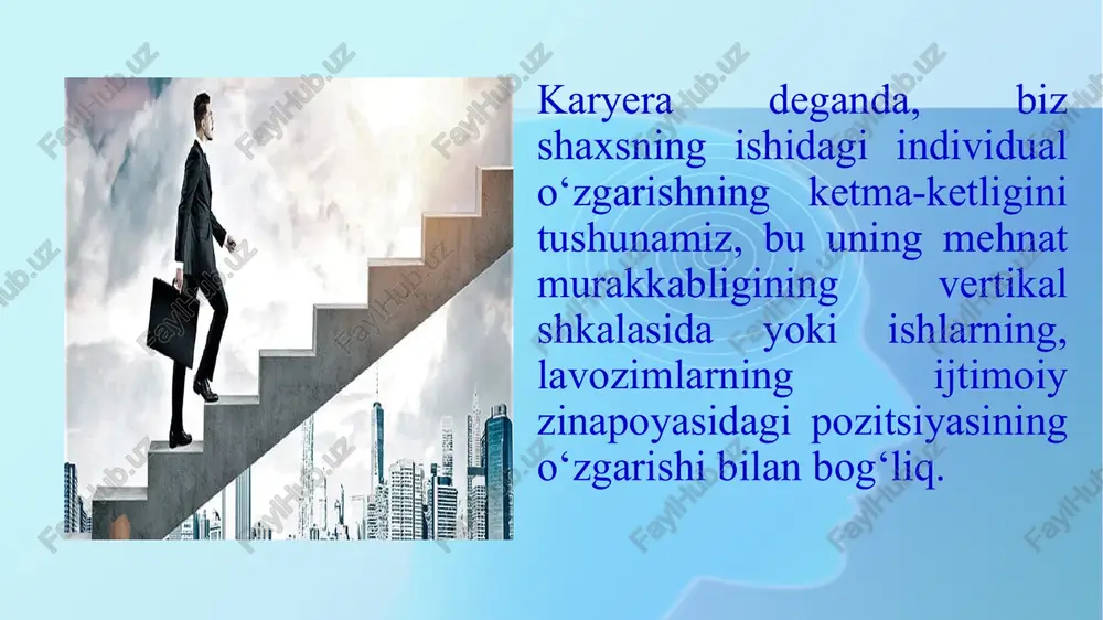 . ishbilarmonlik kar’erasining quyidagi motivlari mavjud: 1. mustaqillik (avtonomiya). shunday qilib, inson mustaqillikni xohlaydi, hamma narsani o‘z xohishi bilan qilishni istaydi. korxonada yuqori mavqe, maqom, obro‘-e’tibor beriladi, hamma u bilan hisoblashishga majbur. 2. funksional kompetensiya. biror kishi o‘z sohasining eng yaxshi mutaxassisi bo‘lishga va eng murakkab muammolarni hal qilishga qodir. buning uchun u kasbiy o‘sishga e’tibor qaratadi va kar’era rivojlanishini kasbiy prizma orqali ko‘rib chiqadi. masalaning moddiy tomoniga bunday odamlar befarq, ammo ular ma’muriyat va hamkasblar tomonidan tan olinishni yuqori baholaydilar. 3. xavfsizlik va barqarorlik. kadrlar faoliyati ularni korxonada o‘z mavqeini saqlab qolish va barqarorlashtirish istagi bilan boshqariladi, shuning uchun ular bunday kafolatlar beradigan lavozimni egallashni asosiy vazifa deb bilishadi. 4. boshqaruv kompetentligi (malakasi). insonlarni yuqori lavozim, daraja, unvon, maqom belgilari, muhim va mas’uliyatli ish, yuqori maosh, rahbariyatni tan olishi, kar’era pog‘onalarida tez ko‘tarilish bilan bog‘liq bo‘lgan hokimiyat, yetakchilik va muvaffaqiyatga intilish boshqaradi. 5. tadbirkorlik ijodkorligi. odamlarni yangi narsalarni yaratish …