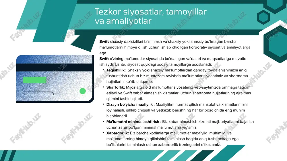 soblangan yevropa ittifoqining ma'lumotlarni himoya qilish qoidalariga muvofiq ishlaymiz. biz shaxsiy daxlsizlikka o'z majburiyatimizni o'ta jiddiy qabul qilamiz va barcha ma'lumotlarning swift muhitida dizayn tomonidan himoyalanganligini ta'minlash, shuningdek, barcha amaldagi maxfiylik va ma'lumotlarni himoya qilish qonunlariga to'liq rioya qilishimizni ta'minlash orqali maxfiylikni juda yuqori darajada ta'minlashga intilamiz. swift va ma'lumotlar asosiy xulosalar swift 11 000 dan ortiq muassasalar uchun xavfsiz xalqaro moliyaviy operatsiyalarni amalga oshirish imkonini beruvchi keng xabar almashish tarmog'idir. swift tarmog'idagi har bir moliya institutiga bic yoki swift kodi deb ataladigan noyob kod beriladi. swift pul o'tkazmaydi, lekin butun dunyo bo'ylab tranzaksiya ko'rsatmalarini jo'natishning xavfsiz usulini taqdim etadi. 1973 yilda tashkil etilgan swift global moliyaviy o'tkazmalarda eski telex tizimining cheklovlarini ko'rib chiqadi. swift xizmatlari to'lovlardan tashqari, xazina, savdo va muvofiqlik echimlarini o'z ichiga oladi. etiboringiz uchun rahmat image9.svg image10.png image11.svg image1.png image2.png image3.svg image4.png image5.svg image6.png image7.svg image8.png image12.png image13.svg image14.png image15.png image16.png image17.png image18.png image19.png image20.png image21.svg …