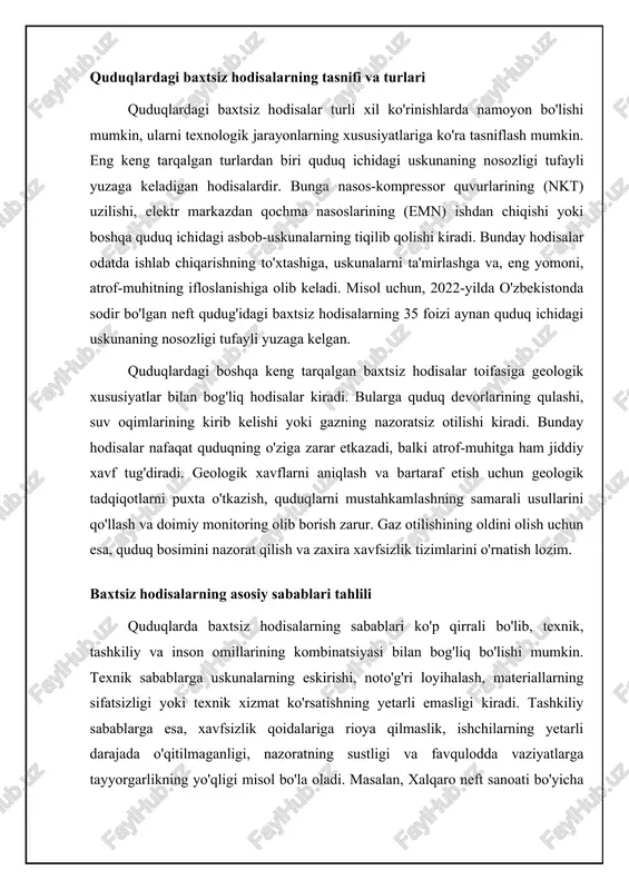 atijalari xavfsizlikni ta'minlash bo'yicha profilaktik chora-tadbirlarni ishlab chiqish uchun asos bo'lib xizmat qiladi. 📈 quvurlarda baxtsiz hodisalarning xavflilik darajasi bo'yicha taqsimlanishi ushbu diagramma quvurlarda sodir bo'lgan baxtsiz hodisalarning xavflilik darajalarini ko'rsatadi va ularning nisbiy chastotasini taqqoslaydi. xavfsizlikni ta'minlash va xavflilikni kamaytirish choralari quduqlarda xavfsizlikni ta'minlash va baxtsiz hodisalar xavfini kamaytirish uchun kompleks choralarni amalga oshirish zarur. birinchi navbatda, quduqlarni loyihalash, qurish va ishlatishda qat'iy xavfsizlik standartlariga rioya qilish lozim. bu materiallarning sifatini nazorat qilish, quduqlarni mustahkamlash, bosimni nazorat qilish tizimlarini o'rnatish va favqulodda vaziyatlarga tayyorgarlikni o'z ichiga oladi. bundan tashqari, uskunalarga muntazam texnik xizmat ko'rsatish va ularning holatini doimiy ravishda monitoring qilish muhim ahamiyatga ega. xodimlarning malakasini oshirish va ularni xavfsizlik bo'yicha doimiy ravishda o'qitish ham xavflilikni kamaytirishning muhim omilidir. ishchilar xavfli vaziyatlarni aniqlash, ularga to'g'ri javob berish va xavfsizlik qoidalariga rioya qilish bo'yicha bilim va ko'nikmalarga ega bo'lishi kerak. bundan tashqari, xavfsizlik madaniyatini shakllantirish, xodimlarni xavfsizlik masalalari bo'yicha faol …