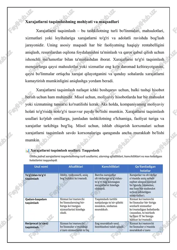 agi o'zaro bog'liqlikni to'liq hisobga olmaganligi sababli, taqsimlash natijalari aniq bo'lmasligi mumkin. masalan, agar it-bo'limi ham hr-bo'limiga, ham marketing bo'limiga xizmat ko'rsatsa, to'g'ridan-to'g'ri usul it xarajatlarini faqat marketing va hr bo'limlariga taqsimlaydi. pog'onali taqsimlash usuli to'g'ridan-to'g'ri usulga qaraganda murakkabroq. unda yordamchi bo'linmalar xarajatlari pog'onali ravishda taqsimlanadi. xarajatlari birinchi taqsimlanadigan yordamchi bo'linma boshqa yordamchi bo'linmalarga xizmat ko'rsatadi, lekin ulardan xizmat olmaydi. keyin xarajatlari ikkinchi taqsimlanadigan yordamchi bo'linma xarajatlari qolgan bo'linmalarga taqsimlanadi va hokazo. ushbu usul yordamchi bo'linmalar o'rtasidagi o'zaro bog'liqlikni qisman hisobga oladi, lekin to'liq emas, chunki birinchi taqsimlangan bo'linma xarajatlari keyingi taqsimlash bosqichlarida o'zgartirilmaydi. o'zaro taqsimlash usuli va faoliyatga asoslangan xarajatlarni taqsimlash (abc) o'zaro taqsimlash usuli eng aniq usullardan biri hisoblanadi. unda yordamchi bo'linmalar o'rtasidagi o'zaro xizmatlar to'liq hisobga olinadi. bu usul matematik tenglamalar yordamida yechiladi, bu esa har bir bo'linmaning haqiqiy xarajatlarini aniqlash imkonini beradi. o'zaro taqsimlash usuli to'g'ri natijalarni beradi, lekin hisoblash murakkabligi tufayli ko'p vaqt talab qilishi …