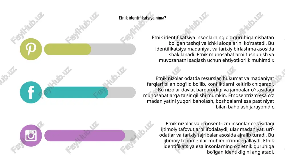 mmolar yaratadi. bu holatlar milliy birlik va hamjihatlikni zaiflashtirishi mumkin. tushunchalar muhim ahamiyatga ega. etnosentrizm insonlarning o'z madaniyatini yuqori baholash bilan bog'liq. bu esa turli etnik guruhlar orasida keskin ajralish va ziddiyatlarni keltirib chiqaradi. 01 03 02 milliy birlikni saqlash uchun etnosentrizmni kamaytirish va etnik birligini rivojlantirish muhimdir. hamjihatlik va farqlarga hurmat muhim ahamiyatga ega. pay etnik nizolar va siyosiy muammolar etnik nizolar va etnosentrizm insonlar orasida madaniy, irqiy va dini farqlarga asoslangan ziddiyatlarni keltirib chiqaradi. bu muammo jamiyatda taranglik yaratadi. etnik nizolar siyosiy muammolarga aylanib, davlatbarqarorligini tahlikaga soladi. etnosentrizm esa o‘z madaniyatini eng yuqori deb bilish xususiyatidir. muammo yechimlari uchun tolerantlikni rivojlantirish va madaniy farqlarga hurmat bilan yondashish muhim. bu orqali etnik muammolarni kamaytirish mumkin bo‘ladi. etnosentrizmning jamiyatga ta'siri etnik nizolar va etnosentrizm jamiyatda xilma-xil fikrlar va his-tuyg'ular paydo qiladi, ularning ijobiy va salbiy oqibatlarini o'rganish muhimdir. etnosentrizm jamiyatda idrok va tushunchalarni cheklab, stereotiplar va prejudlarni rivojlantiradi, bu esa …