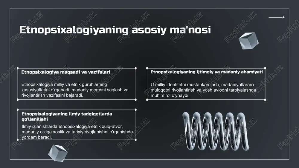 ojlanish bilan bog‘liq. kompyuter modellash, statistik tahlil va genetika kabi zamonaviy usullar etnopsixalogiyaga yangi yondashuvlar kiritmoqda. bu, milliy madaniyatlarning dinamikasini chuqurroq o‘rganishga imkon yaratadi va ilmiy asoslarni kengaytiradi. etnopsixalogiya maqsadlari asosiy maqsadlar etnopsixalogiyaning asosiy maqsadlari orasida madaniy xususiyatlarni o'rganish, ijtimoiy munosabatlarni tahlil qilish va psixologik jarayonlarni tushunish bor. tadqiqot va amaliy ahamiyat ushbu soha orqali turli etnik guruhlarning madaniyatini o'rganish, ijtimoiy aloqalarni anglash va psixologik xususiyatlarni aniqlash amaliy ahamiyat kasb etadi. ilmiy qo'llanilishi etnopsixalogiyaning ilmiy sohalardagi qo'llanilishi psixologiya, sotsiologiya, antropologiya va madaniyatshunoslikda muhim ahamiyatga ega. u etnik guruhlar va madaniyatlar o'rtasidagi aloqalarni o'rganishda yordam beradi. bu sohalarda etnopsixalogiya metodlari statistik tahlil, taqqoslash, va tahlil qilish orqali etnik xususiyatlar va madaniyatlararo munosabatlarni o'rganishga imkon beradi. bu, o'z navbatida, ijtimoiy muammolarni hal qilishda muhimdir. etnopsixalogiyaning ilmiy qo'llanilishi intercultural tadqiqotlar va ijtimoiy muammolarni hal qilishda muhim rol o'ynaydi. bu sohalarda metodlar va yondashuvlar yordamida madaniyatlararo tushunishni chuqurlashtirish mumkin. amaliy qo'llanilishi etnopsixalogiya ta'lim sohasida …