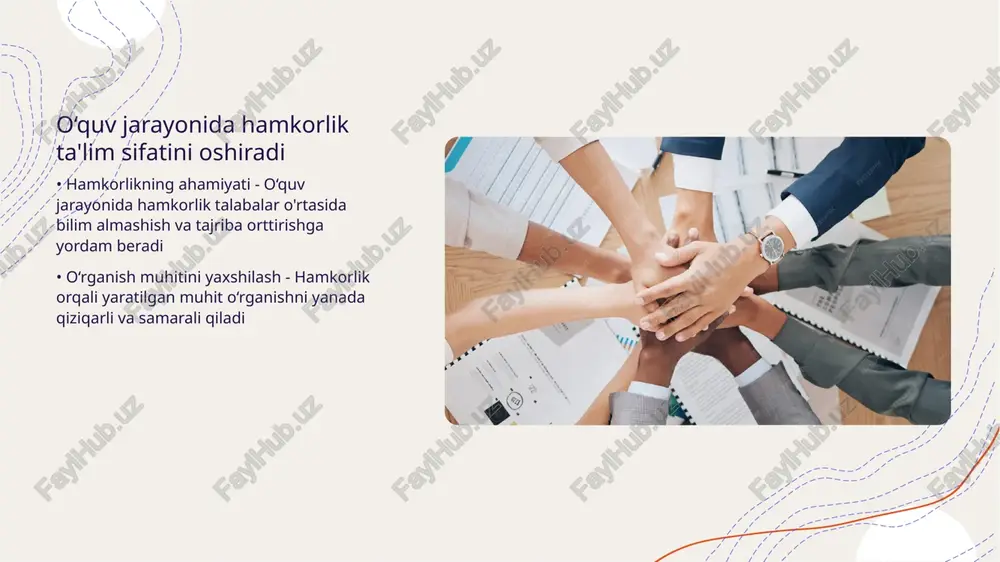 asida o‘rnatilgan aloqalar samarali muloqotga olib keladi. • hamkorlik va jamoaviylik - ta'lim jarayonida pedagogik muloqot orqali talabalar o‘rtasida hamkorlik va jamoaviy ishlash ko‘nikmalari shakllanadi. bu ko‘nikmalar kelajakdagi professional hayotda muhimdir. o‘quvchilar o‘zaro yordam orqali o‘rganish jarayonini kuchaytiradilar • o‘zaro yordamning afzalliklari - o‘quvchilar o‘zaro yordam orqali bilimlarni tezroq va samaraliroq o‘zlashtiradilar. • jamoaviy o‘rganish - samarali jamoaviy muloqot o‘rganish jarayonini yaxshilaydi va o‘zaro fikr almashinuvini ta'minlaydi. • raqobat muhitining kamayishi - o‘zaro yordamda raqobat muhitining kamayishi o‘quvchilarga tinchlanish va ishonch hissini beradi. • o‘qituvchilarga yordam - o‘zaro yordam orqali o‘quvchilar o‘qituvchilariga ham ko‘mak berishadi va dars jarayonini yanada qiziqarli qiladilar. o‘qituvchilar va o‘quvchilar o‘zaro fikr almashishdan foyda ko‘radilar • fikr almashishning ahmiyati - o‘qituvchilar va o‘quvchilar o‘rtasidagi fikr almashish ta'lim jarayonini boyitadi va ko‘proq bilim olish imkoniyatini yaratadi • o‘qitish usullarini takomillashtirish - fikr almashish o‘qituvchilarga innovatsion usullarni sinab ko‘rish imkonini beradi va o‘quvchilarning qiziqishini oshiradi o‘quv jarayonida o‘zaro …