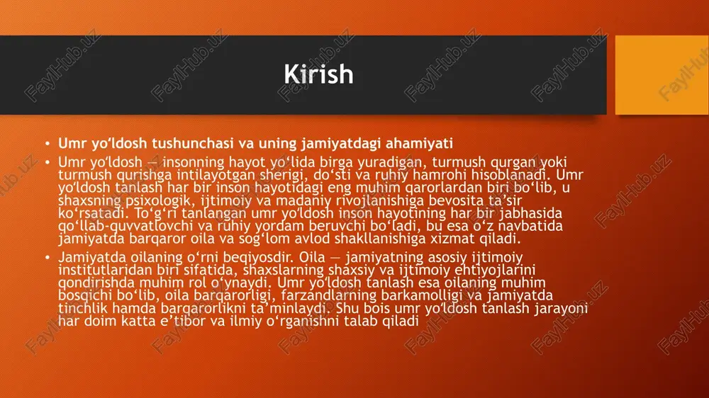 arni tushunish munosabatlarni samarali va ongli ravishda boshqarish uchun muhimdir. e’tibor va qiziqish bosqichi bu bosqichda insonlar o‘zaro qiziqish uyg‘otadi, bir-birining tashqi ko‘rinishi, harakati va xulq-atvorini baholaydi. bu yerda yuzaki, ko‘proq tashqi omillar ta’sir ko‘rsatadi. tanlash va baholash bosqichi bu bosqichda insonlar bir-birining shaxsiyati, qiziqishlari, qadriyatlari va ijtimoiy holatini yanada chuqurroq o‘rganadi. shu jarayonda moslik va qarama-qarshiliklar aniqlanadi. qaror qabul qilish bosqichi bu bosqichda insonlar turmush qurish yoki uzoq muddatli munosabatlarni davom ettirish qarorini qabul qiladi. qaror qabul qilishda nafaqat shaxsiy hissiyotlar, balki oilaviy va ijtimoiy omillar ham hisobga olinadi. nikoh va barqaror munosabatlar bosqichi bu bosqichda munosabatlar mustahkamlanadi, sheriklar bir-birining ijtimoiy va psixologik ehtiyojlarini yanada chuqurroq qondirishga harakat qiladi. bu bosqichda o‘zaro muloqot va konfliktlarni hal qilish ko‘nikmalari muhim ahamiyatga ega. nazariy kontseptsiyalar va ularning ta’siri umr yoʻldosh tanlash nazariyasida asosiy kontseptsiyalar quyidagilarni o‘z ichiga oladi: moslik (compatibility): sheriklarning shaxsiy xususiyatlari, qadriyatlari va hayotiy maqsadlarining o‘zaro mosligi. moslik munosabatlarning …