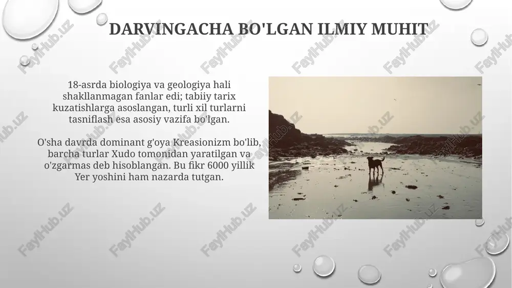 yasi, dastlab tanqidga uchragan bo'lsa-da, 21-asrda biologiya va boshqa fanlar uchun fundamental asos bo'lib xizmat qilmoqda, ko'plab tadqiqotlarga turtki berdi. "turlarning kelib chiqishi" kitobi 1859-yilda nashr etilganidan so'ng, ilmiy olamda inqilob qildi va tabiiy tanlanish orqali evolyutsiya jarayonini tushuntirib berdi, bu biologiyani tubdan o'zgartirdi. e'tiboringiz uchun rahmat image3.png image4.jpg image5.jpg image6.jpg image7.jpg image8.jpg image9.jpg image10.jpg image11.jpg image12.jpg image13.jpg image14.jpg image15.jpg image16.jpg image17.jpg image18.jpg image1.png
