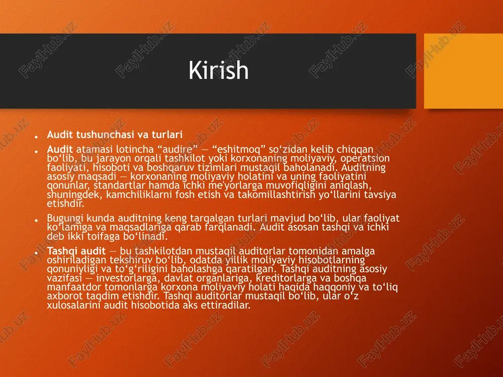 ytirishga imkon beradi. ichki nazorat tizimining samaradorligi auditorlarning ish sifatini oshiradi. misol uchun, agar ichki nazorat jarayonlari yaxshi tashkil etilgan bo‘lsa, auditorlar ko‘proq strategik masalalarga e’tibor qaratishlari mumkin. shu sababli, ichki nazorat va audit tizimlari o‘zaro muvofiqlikda ishlashi zarur. ichki nazorat auditorlarga qanday yordam beradi? ichki nazorat auditorlarga ko‘plab jihatdan yordam beradi: risklarni aniqlash: ichki nazorat tizimi xatarlarni oldindan aniqlaydi va ularni kamaytirish choralarini ko‘radi, bu auditorlarga tekshiruvni maqsadga muvofiq rejalashtirishga imkon beradi. jarayonlarning samaradorligi: ichki nazorat jarayonlari samarali bo‘lsa, auditorlar xatolik va suiiste’mol ehtimolini kamaytiradi, bu esa audit vaqtini qisqartiradi. ma’lumotlarning to‘g‘riligini ta’minlash: ichki nazorat moliyaviy va boshqa hisobotlarning ishonchliligini oshiradi, bu esa auditorlarning baholash ishini yengillashtiradi. hisobotlarning shaffofligi: ichki nazorat tizimi hisobotlarni vaqtida va aniq taqdim etilishiga yordam beradi, auditorlar esa bu ma’lumotlarni mustaqil tekshiradi audit natijalari asosida ichki nazorat tizimini takomillashtirish audit natijalari ichki nazorat tizimini rivojlantirish uchun muhim manba hisoblanadi. auditorlar tomonidan aniqlangan kamchiliklar va tavsiyalar …