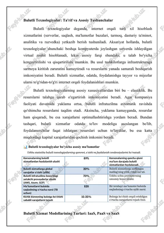 dir. xususiy bulut – bu bitta tashkilot tomonidan eksklyuziv foydalanish uchun yaratilgan infratuzilma. u tashkilotning o'z ma'lumotlar markazida yoki bulutli provayderning infratuzilmasida joylashishi mumkin. xususiy bulutlar xavfsizlik, nazorat va moslashuvchanlikni ta'minlaydi, lekin jamoat bulutlariga qaraganda qimmatroq bo'lishi mumkin. gibrid bulut – bu jamoat va xususiy bulutlarning kombinatsiyasi bo'lib, tashkilotga turli xil ish yuklamalari uchun eng mos muhitni tanlash imkoniyatini beradi. masalan, tashkilot sezgir ma'lumotlarni xususiy bulutda saqlashi, yuklamani jamoat bulutida esa boshqarishi mumkin. gibrid bulutlar elastiklik va xarajatlarni tejash kabi afzalliklarni taqdim etadi, lekin ularni boshqarish murakkabroq bo'lishi mumkin. 📊 bulutli texnologiyalar: asosiy statistika ushbu statistika bulutli texnologiyalarning qabul qilinishi, afzalliklari va turli joylashtirish modellari bo'yicha asosiy ko'rsatkichlarni aks ettiradi. korxonalarning bulutli xizmatlardan foydalanish darajasi 90% korxonalarning 90%i hozirda qandaydir shaklda bulutli xizmatlardan foydalanadi. bulutga o'tish tufayli it xarajatlarini kamaytirish 20-30% bulutga o'tish ko'pincha it infratuzilmasi va xarajatlarini 20-30%ga kamaytiradi. umumiy bulut bozorining o'sish sur'ati 17% umumiy bulut bozori har …