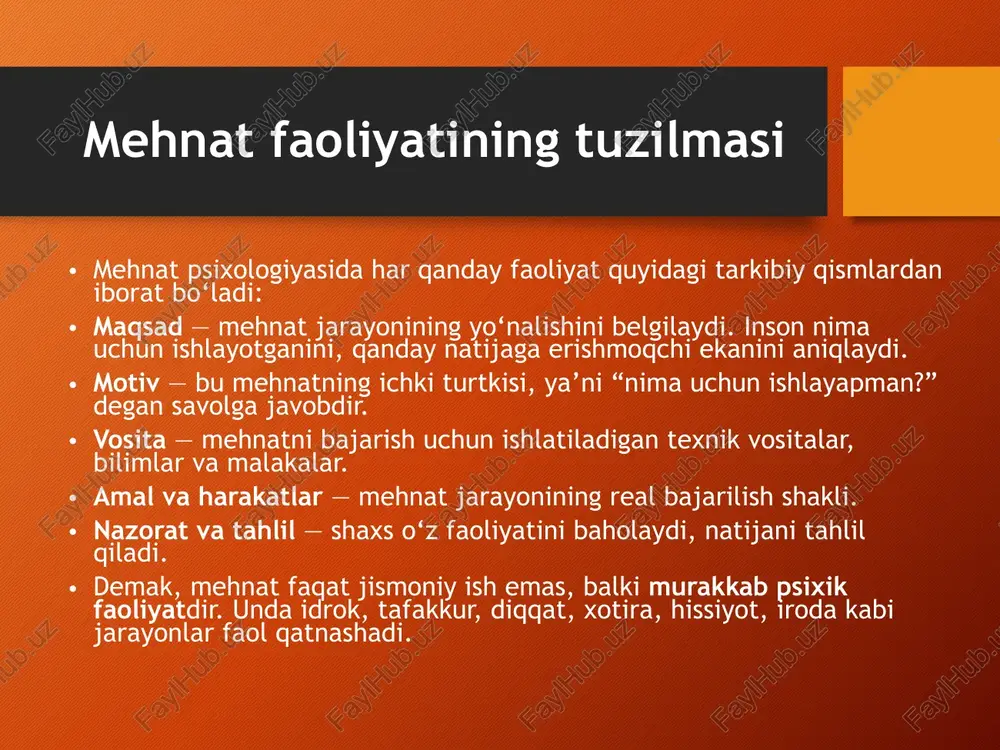 rni yoki mijoz bilan muloqotni to‘g‘ri idrok etmasa, bu xatolikka olib keladi. masalan, muhandis yoki haydovchi uchun idrokning aniqligi xavfsizlik garovidir. idrokning tezligi, barqarorligi va aniqligi mehnat unumdorligiga bevosita ta’sir ko‘rsatadi. shu sababli psixologiyada idrok madaniyatini shakllantirish muhim yo‘nalishlardan biridir. diqqat va mehnat samaradorligi har bir ish turi diqqatni muayyan darajada talab qiladi. diqqat — bu ongning ma’lum obyektga yo‘naltirilgan va turg‘un holatda saqlanadigan holatidir. mehnat faoliyatida turg‘un diqqat, bo‘linuvchi diqqat va ko‘chuvchi diqqat turlari mavjud. masalan, operator bir vaqtning o‘zida bir nechta qurilmani kuzatishi kerak bo‘ladi (bo‘linuvchi diqqat). o‘qituvchi dars paytida sinfdagi barcha o‘quvchilarga e’tibor qaratadi (ko‘chuvchi diqqat). diqqatning turg‘unligi insonning ruhiy barqarorligiga, jismoniy holatiga, ish sharoitiga bog‘liq. mehnat unumdorligini oshirish uchun diqqatni saqlash va rivojlantirishga qaratilgan psixologik mashqlar, dam olish rejimi, motivatsiya muhim ahamiyat kasb etadi. xotira va kasbiy malaka mehnat jarayonida xotira juda muhim rol o‘ynaydi. xotira — bu insonning o‘tmish tajribasini eslab qolish, saqlash va qayta …