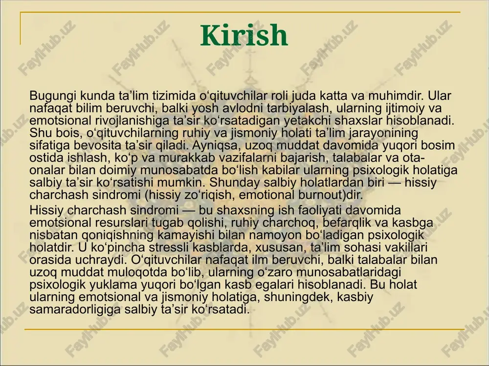 ladi. tashqi omillar — bu ish sharoiti va atrof-muhitga bog‘liq bo‘lgan sabablar, ichki omillar esa shaxsning psixologik holati, xususiyatlari va stressga chidamliligiga bog‘liq. kasbiy (tashqi) omillar a) yuqori ish yuklamasi o‘qituvchilar ko‘pincha ko‘p soatlar davomida faoliyat yuritadilar, bu esa jismoniy va ruhiy zo‘riqishga olib keladi. o‘quv rejalari, darslar tayyorlash, imtihonlarni baholash, ota-onalar bilan uchrashuvlar kabi ko‘p sonli vazifalar o‘qituvchilar uchun doimiy bosim manbai hisoblanadi. bu yuklama nazorat qilinmasa, u hissiy charchash sindromining asosiy sabablaridan biriga aylanadi. b) talabalar bilan munosabatdagi qiyinchiliklar o‘qituvchilarning kundalik faoliyatida talabalar bilan ishlash katta psixologik yuklama tug‘diradi. talabalarning muammolari, o‘zaro munosabatlar, talabalar orasidagi nizolar, ota-onalar bilan yuzaga keladigan mojarolar o‘qituvchilarda stressni kuchaytiradi. ayniqsa, qiyin sharoitda o‘qiyotgan talabalar bilan ishlash hissiy charchashni tezlashtiradi. c) ish sharoitlari va ta’lim tizimining bosimi ta’lim muassasalarining moddiy-texnik bazasi yetarli darajada rivojlanmagan, o‘qituvchilar uchun zarur sharoitlar yaratilmagan joylarda hissiy charchash sindromi ko‘proq uchraydi. shuningdek, ta’lim sohasidagi o‘zgarishlar, yangi qoidalar, sertifikatlashtirish va baholash …
