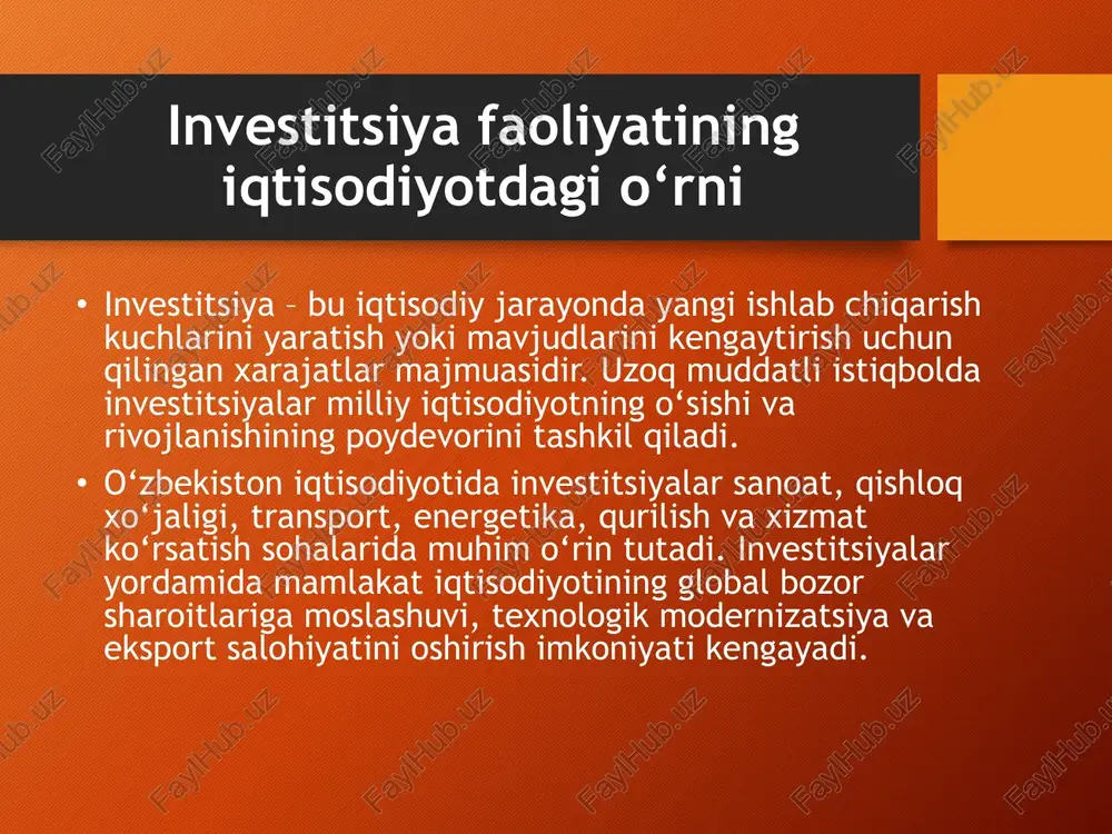 anadigan energiya manbalari va an’anaviy energetika loyihalari davlat va xususiy sektor tomonidan faol rivojlantirilmoqda. qishloq xo‘jaligi: suv ta’minoti, texnik jihozlar va zamonaviy agrotexnologiyalarni joriy etish uchun investitsiyalar jalb qilinmoqda. bu soha mamlakatning oziq-ovqat xavfsizligini ta’minlashda muhim ahamiyatga ega. transport va infratuzilma: yo‘llar, temir yo‘llar, aeroportlar va boshqa infratuzilma obyektlariga sarmoyalar kiritilmoqda. bu esa iqtisodiyotning boshqa sohalari uchun muhim infratuzilma bazasini yaratadi. qonunchilik va normativ-huquqiy bazani shakllantirish davlat investitsiya faoliyatini samarali muvofiqlashtirish uchun avvalo mustahkam va barqaror qonunchilik bazasini yaratishi lozim. o‘zbekistonda investitsiyalarni tartibga soluvchi asosiy hujjatlar qatoriga “investitsiyalar to‘g‘risida”gi qonun, “xorijiy investitsiyalar to‘g‘risida”gi qonun, soliq kodeksi, mehnat kodeksi va boshqa normativ-huquqiy hujjatlar kiradi. investitsiyalarni jalb qilish siyosati davlat o‘z iqtisodiyotini rivojlantirish uchun investitsiyalarni jalb qilishni strategik vazifa sifatida belgilaydi. shu maqsadda investitsiyalarni rag‘batlantirishga qaratilgan davlat dasturlari ishlab chiqiladi va amalga oshiriladi. masalan, o‘zbekistonda 2020–2025 yillarga mo‘ljallangan investitsiyalarni jalb qilish va rivojlantirish dasturi mavjud bo‘lib, unda investitsiya muhiti yaxshilanishi, soliq imtiyozlari …