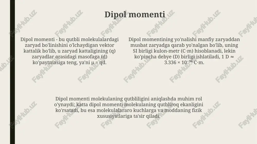 na samaradorligi va yo'nalishini aniqlashda muhim ahamiyatga ega. dipol momentidan foydalanish kimyoviy birikmalarning polarizatsiyasini aniqlashda muhim, bu esa moddaning dielektrik xususiyatlari va molekulalararo o'zaro ta'sirlashuvini tushunishga yordam beradi, bu katalizatorlarni loyihalashda juda muhimdir. e'tiboringiz uchun rahmat