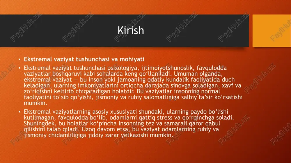 iqlimda qolgan odamlar organizmni sovuqqa moslashtirish uchun qo‘shimcha kuch sarflaydi. vaziyatning shiddati va davomiyligi: ekstremal vaziyat qancha tez yuzaga kelgan va qancha davom etganiga qarab insonning javobi o‘zgaradi. kutilmagan, qisqa muddatli vaziyatlarda insonning javobi boshqacha bo‘lsa, uzoq davom etuvchi stress holatlarida charchoq va charchash alomatlari kuchayadi. ijtimoiy muhit: ekstremal vaziyatda atrofdagi insonlar, ularning reaksiyasi, qo‘llab-quvvatlashi, rahbarlik va boshqaruv omillari insonning stressga munosabatini shakllantiradi. guruhda bo‘lish, jamoaviy yordam, ijtimoiy aloqalar stressni kamaytirishga yordam beradi. axborot oqimi: ma’lumotning to‘g‘riligi, tezligi va sifatiga qarab odamlar o‘z holatini baholaydi va vaziyatga moslashadi. noto‘g‘ri yoki soxta ma’lumotlar qo‘rquv va noaniqlikni oshirishi mumkin. ijtimoiy va madaniy omillar madaniyat va an’analar: turli madaniyatlarda ekstremal vaziyatlarga munosabat va ularni boshqarish usullari farq qiladi. masalan, ba’zi jamiyatlarda birga harakat qilish va bir-birini qo‘llab-quvvatlash kuchli bo‘lsa, boshqalarida individualizm ustun turadi. ijtimoiy qo‘llab-quvvatlash: oila, do‘stlar, jamoa a’zolari tomonidan berilgan psixologik va moddiy yordam ekstremal vaziyatda insonning chidamliligini oshiradi. jamiyatdagi ijtimoiy barqarorlik: …