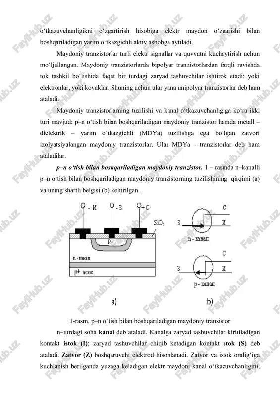 ligi uning qarshiligi bilan aniqlanadi , bu yerda - kanal materialining solishtirma qarshiligi, l- uzunligi, s – kanalning ko‘ndalang kesim yuzasi. tashqi kuchlanish mavjud bo‘lmaganda kanal uzunligi bo‘ylab zatvor ostidagi kanalning ko‘ndalang kesim yuzasi bir xil bo‘ladi. berilgan qutblanishda zatvor va istok oralig‘iga tashqi kuchlanish berilsa uzi p–n o‘tish teskari yo‘nalishda siljiydi, kanal tomonga kengayadi, natijada kanal uzunligi bo‘ylab kanalning ko‘ndalang kesim yuzasi bir tekis torayadi. kanal qarshiligi ortadi, lekin chiqish toki is = 0 bo‘ladi, chunki usi=0 (2.a - rasm). agar istok va stok oralig‘iga kuchlanish manbai ulansa, u holda kanal bo‘ylab istokdan stok tomonga elektronlar dreyfi boshlanadi, ya’ni kanal orqali stok toki is oqib o‘ta boshlaydi. kuchlanish manbai usi ning ulanishi p–n o‘tish kengligiga ham ta’sir ko‘rsatadi, chunki o‘tish kuchlanishi kanal uzunligi bo‘ylab turlicha bo‘ladi. kanal potensiali uning uzunligi bo‘ylab o‘zgaradi: istok potensiali nolga teng bo‘lib, stok tomonga ortib boradi, stok potensiali esa usi ga teng bo‘ladi. p–n …