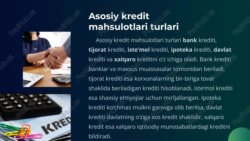 di. zamonaviy kredit mahsulotlarining xususiyatlari raqamlashtirilgan jarayonlar: kredit olish, tasdiqlash va to‘lash jarayonlari onlayn amalga oshiriladi. mijozga yo‘naltirilganlik: kredit shartlari har bir mijozning moliyaviy holati, reytingi va daromadiga mos shaklda belgilanadi. moslashuvchan foiz stavkalari: banklar mijozlarning kredit tarixiga qarab turli stavkalarni qo‘llaydi. tezkorlik va shaffoflik: qaror qabul qilish jarayoni avtomatlashtirilgan algoritmlar orqali amalga oshiriladi. kredit tarixiga asoslangan risk boshqaruvi: zamonaviy tizimlar mijozlarning moliyaviy xatti-harakatlarini tahlil qilib, tavakkal darajasini baholaydi. kredit mahsulotlarining iqtisodiyotdagi ahamiyati 3.1. investitsiya va ishlab chiqarishning o‘sishiga turtki beradi kreditlar korxonalar uchun asosiy moliyaviy manba hisoblanadi. ular yangi uskunalar sotib olish, ishlab chiqarish quvvatlarini kengaytirish, innovatsion texnologiyalarni joriy etish orqali iqtisodiyotning o‘sishiga xizmat qiladi. 3.2. aholining ijtimoiy farovonligini oshiradi iste’mol kreditlari va ipoteka aholiga o‘z turmush darajasini yaxshilash, uy-joy va zarur tovarlarga ega bo‘lish imkonini beradi. bu esa ichki talabni kuchaytirib, iqtisodiy o‘sishni rag‘batlantiradi. 3.3. moliyaviy tizimni rivojlantiradi banklar kredit orqali o‘z daromadini oshiradi, shu bilan birga, pul …