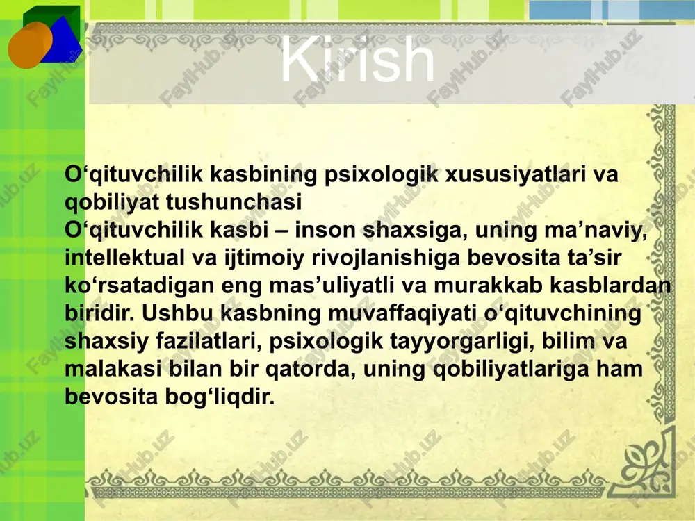 oq yillar olib borgan ilmiy-tadqi­qotlari va kuzatishlari natijasida pedagogik qobiliyatning quyida­gi asosiy sifatlari ajratib ko‘rsatilgan: o‘z kasbiga muhabbat, o‘quvchilarni seva olishi. mutaxassislik fanini mukammal bilishi, unga qiziqishi. pedagogik taktga (odob va go‘zallikka) ega bo‘lish. bolalar jamoasiga singib keta olish. o‘z mehnatiga ijodiy yondashish. javobgarlikni his etish. tarbiyaviy bilimlarni egallaganligi. o‘qituvchi faoliyatidagi pedagogik qobiliyatning o‘ziga xos tizim­la­ri mavjud. qobiliyatlar tizimi quyidagi xususiyatlari bilan farq qilinadi: asosiy xususiyatlar; tayanch xususiyatlar; yetakchi xususiyatlar; yordamchi xususiyatlar. pedagogik qobiliyatlar tizimiga kiradigan yordamchi xususiyatlar va xislatlar quyidagilardan iborat: aql–idrokning muayyan turlari, hozirjavoblik, kamchiliklarga tanqidiy e’tibor, sobitqadamlik; o‘qituvchining nutqi: notiqlik san’ati, so‘z boyligining teranligi; aktyorlik xususiyati: mimika va pantomimika, xayoliy fantaziya ishlata olish, ruhiy hissiyotni jilovlay olish. pedagogik takt va pedagogik nazokatga ega bo‘lish. xulosa o‘qituvchining umumiy va maxsus qobiliyatlari uning kasbiy faoliyatida muvaffaqiyatga erishishining eng asosiy omillaridan biridir. umumiy qobiliyatlar o‘qituvchining intellektual, ijtimoiy va shaxsiy xususiyatlarini ifodalaydi, ular dars jarayonini samarali tashkil etish, o‘quvchilar bilan munosabatda …