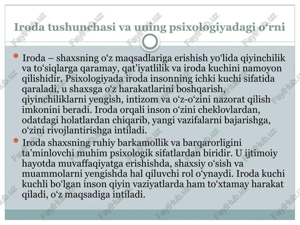 vvatini hissiy intilish bilan uzviylikda qarash lozim. spinozaning fikricha, iroda bilan aql aynan bir narsadir. unga bunday yondashish irodaning ilmiy nuqtai nazardan tushuntirishni shakllantirgan bo’lsa, ikkinchi bir tomondan u mustaqil substansiya sifatida tan olindi. v.vundtning mulohazasicha, irodaning negizida appersepsiya aktining sub'ekti tomonidan ichki faollik uniki ekanligini his etish yotadi. uning bu konsepsiyasi emosional yoki affektiv nom bilan psixologiya faniga kirib keldi. u.djeymsning tan olishicha, irodaviy harakatlar boshqa ruhiy jarayonlarga qorishtirib bo’lmaydigan birlamchi xususiyatga egadirlar. har qanday g’oya dastlab dinamik tendensiyaga ega bo’lganligi tufayli irodaviy aktning vazifasi diqqat yordami bilan bir g’oyaning boshqasi ustidan ustuvorligini ta'minlashdan iboratdir. iroda borasidagi nazariyalar etarli darajada qat'iy fikr qaror topganligi, iroda - bu insonning qo’yilgan maqsadlariga erishish uchun qilgan faolligidir. iroda tushunchasi mohiyatiga inson tomonidan maqsad g’o’ya olish kabi shaxsiy gavdasini va xulqini idora qilish ham kiritiladi. i.v.selivanov irodani tadqiq etish negizidan kelib chiqqan holda ayrim xulosalarni chiqaradi: a) iroda-bu shaxsning o’z faoliyatini va olamdagi …