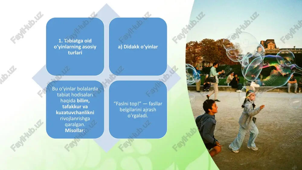 ollar berishga va mustaqil xulosalar chiqarishga undashi lozim. masalan, "nima uchun bu barg sarg'aygan?" yoki "qushlar qishda qanday yashaydi?" kabi savollar berish. 14 xulosa tayyorlov guruhida tabiatga oid o'yinlarni tashkil etish bolalarning har tomonlama rivojlanishiga, ularning atrof-muhitga bo'lgan hurmatini shakllantirishga va o'rganishga bo'lgan ishtiyoqini kuchaytirishga xizmat qiladi. tabiat - eng yaxshi o'qituvchi. 15 image2.png image3.png image4.png image5.png image6.png image-6-2.svg image-6-4.svg image-6-6.svg image7.png image8.png image9.png image1.png