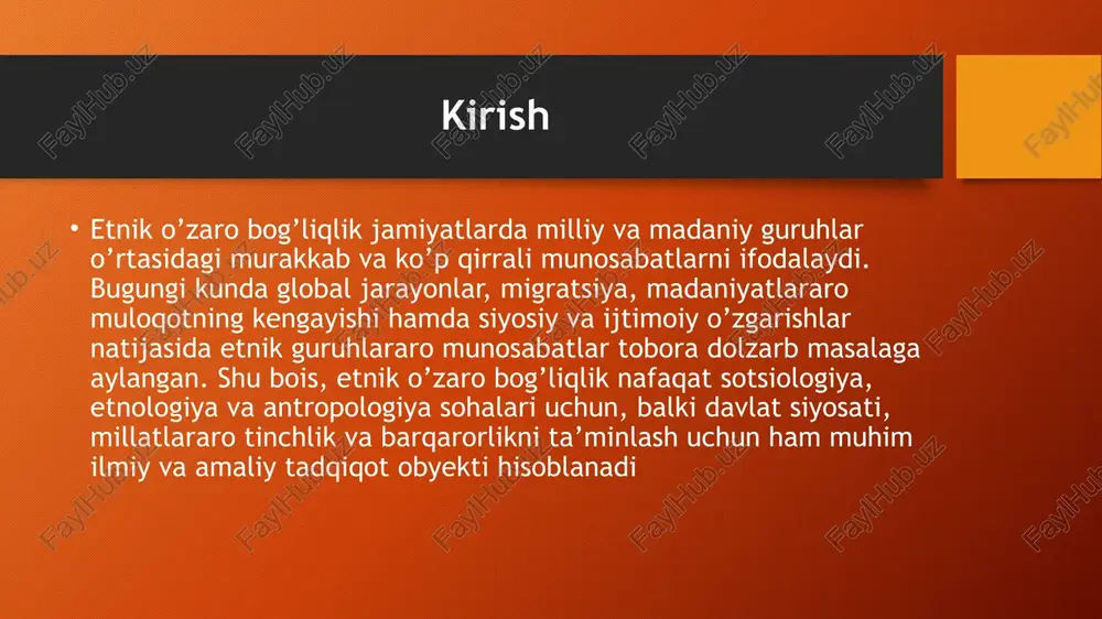 bu jarayon insonlar o’rtasida bir-birini tushunish va hurmat qilish muhitini yaratadi, guruhning o’zini saqlashga yordam beradi. etnik identifikatsiya shaxsning o’zligini anglashida muhim o’rin tutadi. inson o’zini ma’lum bir etnik guruhga mansub deb hisoblaganda, u o’sha guruhning qadriyatlari, an’analari va tarixini hurmat qiladi hamda saqlab qolishga intiladi. bu esa guruh ichidagi barqarorlik va birligini ta’minlaydi. etnik guruhlarning shakllanish omillari etnik guruhlarning shakllanishi ko’plab omillarga bog’liq bo’lib, quyidagilar alohida e’tiborga loyiq: tarixiy jarayonlar: ko’chmanchi va mahalliy aholining turli davrlardagi aloqalari, urushlar, ittifoqlar va boshqa ijtimoiy-siyosiy jarayonlar etnik guruhlarni shakllantirishda muhim rol o’ynaydi. madaniy farqlanish: til, diniy e’tiqod, an’analar va urf-odatlarning farqlanishi guruhlarning o’zaro ajralishiga olib keladi. geografik faktlar: tog’lar, daryolar, cho’llar kabi tabiiy chegaralar odamlarni ajratib turadigan omil bo’lib, etnik guruhlarning shakllanishiga ta’sir qiladi. ijtimoiy-iqtisodiy sharoitlar: qishloq xo’jaligi, chorvachilik, hunarmandchilik va boshqa kasb-hunarlar ham guruhlarning o’ziga xosligini belgilaydi. siyosiy ta’sirlar: davlatlar siyosati, chegaralar chizilishi va boshqaruv tizimlari etnik guruhlarning shakllanishi va rivojlanishiga …
