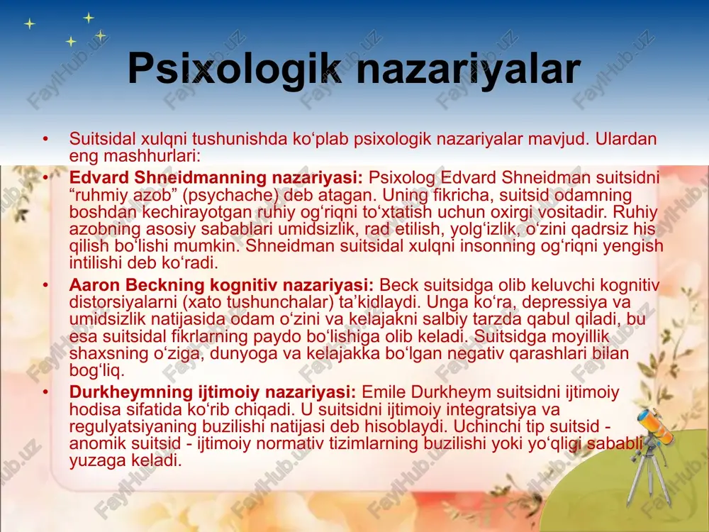 n ta’sir etuvchi sabablar bo‘lib, ijtimoiy, madaniy yoki iqtisodiy omillarni o‘z ichiga oladi. ijtimoiy bosim va ajralish ijtimoiy aloqalardagi muammolar, do‘stlar yoki oila a’zolari bilan ajralish, yolg‘izlik, ijtimoiy izolyatsiya suitsidal xulqning tashqi motivlari hisoblanadi. masalan, sevgi munosabatlarining buzilishi, oilaviy nizolar, ijtimoiy ta’qib va kamsitish kabi holatlar odamda ruhiy tushkunlik va o‘z joniga qasd qilish fikrlarini kuchaytiradi. moliyaviy yoki oilaviy muammolar qiyin iqtisodiy holatlar, ishsizlik, qarzlar, oilaviy muammolar suitsid xavfini oshiradi. shu sababli ko‘plab odamlar o‘z hayotini tugatishni qiyinchiliklardan qochish sifatida ko‘rishadi. diqqatni tortish va qutqaruv motivlari ba’zi odamlar uchun suitsid qilish – bu atrofidagilarning e’tiborini jalb qilish yoki o‘z muammolarini bildirishi uchun vosita bo‘lishi mumkin. bu motiv ko‘pincha yoshlar va adolatsiz munosabatlarga uchragan shaxslar orasida kuzatiladi. qonuniy va madaniy kontekst suitsidal xulq motivlari turli madaniyat va jamiyatlarda farq qilishi mumkin. masalan, ba’zi jamiyatlarda suitsid ijtimoiy nuqtai nazardan qat’iyan qoralansa, boshqalarida bu holatni tushunish va psixologik yordam ko‘rsatish tizimlari rivojlangan. madaniy …