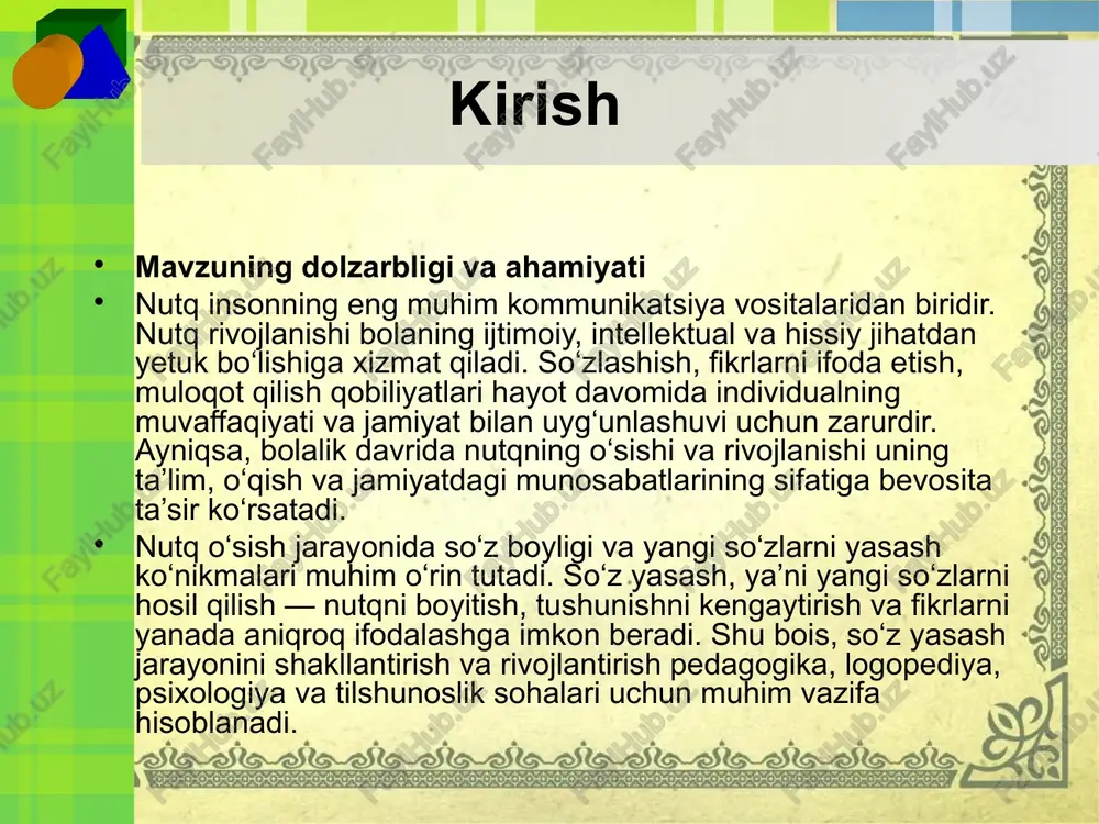 k asoslari so‘z yasashning lingvistik asoslari tilning morfologik tuzilishiga va qoidalariga tayangan. har bir til o‘ziga xos so‘z yasash qoidalari va usullariga ega bo‘lib, ular tildagi ma’no va sintaktik munosabatlarni ifodalaydi. so‘z yasash jarayoni tilni yangilab, uning ichki moslashuvchanligini ta’minlaydi. psixologik nuqtai nazardan qaraganda, so‘z yasash jarayoni bolaning nutq va fikrlash rivojlanishi bilan chambarchas bog‘liq. bola yangi so‘zlarni o‘zlashtirayotganda ularning ma’nosini anglash, ular o‘rtasidagi bog‘lanishni tushunish, shuningdek, so‘z yasash qoidalarini o‘rganish jarayonidan o‘tadi. bu jarayon bolaning kognitiv (bilish) faoliyatini rivojlantirishda muhim ahamiyatga ega. so‘z yasash va nutq rivojlanishi: psixolingvistik nuqtai nazar psixolingvistika so‘z yasash jarayonini til va ong o‘rtasidagi o‘zaro ta’sir nuqtai nazaridan o‘rganadi. nutq rivojlanishi jarayonida bola tilning strukturaviy xususiyatlarini (fonetik, morfologik, sintaktik) o‘rganib, yangi so‘zlarni yaratish qobiliyatiga ega bo‘ladi. so‘z yasash jarayoni bolaning tilni anglash va nutqini rivojlantirishga yordam beruvchi muhim psixolingvistik jarayon hisoblanadi. masalan, kichik yoshdagi bola yangi so‘z hosil qilishda ko‘pincha ona tilining qo‘shimchalaridan foydalanadi. bu …