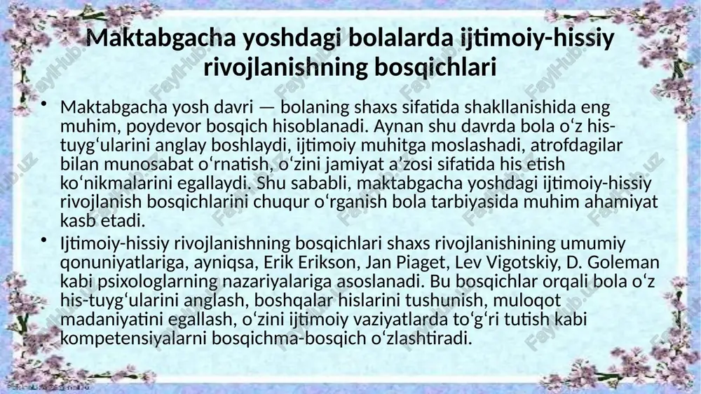 i, boshqalarning his-tuyg‘ulariga e’tiborli bo‘lishni o‘rganadi. d. goleman nazariyasiga ko‘ra, bu bosqichda bolaning hissiy intellekti faol shakllanadi. bola o‘z his-tuyg‘ularini tahlil qilish, ularni boshqarish, o‘z xatti-harakatlarini nazorat qilishni o‘rganadi. shu bilan birga, u boshqalar hissiyotini anglab, muloqotda to‘g‘ri javob qaytarish qobiliyatiga ega bo‘ladi. bu davrda o‘yinlar, jamoaviy mashg‘ulotlar, musiqiy va teatr faoliyati bolaning ijtimoiy-hissiy kompetensiyalarini rivojlantirishda muhim vosita hisoblanadi. masalan, rolli o‘yinlarda bola o‘zini boshqa inson o‘rniga qo‘yib ko‘radi, bu esa empatiya va ijtimoiy moslashuvni mustahkamlaydi. shuningdek, 5–7 yoshda bola o‘z-o‘zini baholash mexanizmini rivojlantiradi. u o‘z yutuqlaridan faxrlanish, xatosidan uyalish kabi hislarni boshdan kechiradi. bu esa shaxsiy mas’uliyat, o‘zini hurmat qilish va o‘zini boshqarish kabi muhim kompetensiyalarni shakllantiradi. ijtimoiy-hissiy rivojlanishning umumiy qonuniyatlari har bir bosqichda bola ijtimoiy tajribani o‘zlashtiradi va shaxsiy hissiy dunyosini boyitadi. quyidagi qonuniyatlar bu jarayonning uzluksizligini ifodalaydi: ketma-ketlik qonuniyati: har bir yangi bosqich avvalgi tajribaga tayanadi. faoliyat orqali rivojlanish: o‘yin, muloqot va faol harakatlar bola hissiy tajribasining …