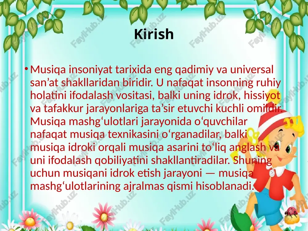 qayta ishlashdan iborat. bu idrok turi sezgi organlari orqali amalga oshadi va ko‘rish, eshitish, teginish, hidlash, ta’m sezish kabi shakllarni o‘z ichiga oladi. musiqada eng asosiy sensorli idrok turi — eshitish idroki hisoblanadi. musiqa tovushlari asosan eshitish organlari orqali qabul qilinadi. eshitish idroki musiqaning ohangini, tempini, ritmini, dinamikasini va boshqa elementlarini aniqlash imkonini beradi. 2. musiqa idroki musiqa idroki — bu musiqiy signallarni qabul qilish, anglash va tahlil qilish jarayonidir. u ko‘plab idrok shakllarining o‘ziga xosligi bilan ajralib turadi. musiqa idrokining asosiy tarkibiy qismlari quyidagilar: ohang idroki — musiqadagi turli ohanglarni eshitish va ularni farqlash qobiliyati. ohanglar balandligi, chastotasi va sifatiga ko‘ra aniqlanadi. ritm idroki — musiqaning ritmik tuzilishini tushunish, unga mos harakat qilish va vaqt o‘lchovlarini idrok qilish qobiliyati. tempo idroki — musiqaning tezligi yoki sekinligini anglash. musiqa idrokining psixologik jihatlari musiqa idroki psixologik jarayon sifatida ham o‘rganiladi. unda sezgi, diqqat, xotira, emotsiyalar va tafakkur faol ishtirok etadi. musiqa …