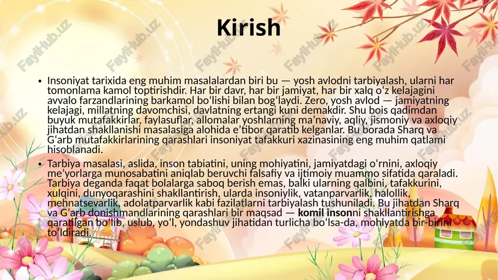 unlik zarurligi ta’kidlanadi. bugungi o‘zbekiston sharoitida yosh avlodni har tomonlama shakllantirishda sharq va g‘arb mutafakkirlarining merosidan samarali foydalanish muhimdir. prezidentimiz sh.m. mirziyoyev ta’kidlaganidek: “biz yoshlarimizni nafaqat bilimli, balki ma’naviy barkamol, mustaqil fikrlaydigan shaxslar etib tarbiyalashimiz zarur.” bu fikrlar aslida sharq donishmandlarining axloqiy-ma’naviy yondashuvlari bilan g‘arb mutafakkirlarining ilmiy-aqliy tamoyillarining uyg‘un ifodasidir. abu nasr al forobiy, abu ali ibn sino, alisher navoiy, til va nutqqa oid qarashlari. ta’lim va tarbiya muammosi juda qadimdan mavjud. u o‘rta asrlardagi g’arb va sharq mutafakkirlarining asarlarida ko‘rib chiqilgan. o‘sha davrlarning buyuk mutafakkirlari abu nasr al-forobiy, abu rayhon beruniy, abu ali ibn sino, yusuf xos hojib, ahmad yugnakiy, jaloliddin dovoniy, alisher navoiy va boshqalar feodal zulm va mutaasib ruhoniylarning qattiq qarshiligiga qaramasdan jahon fani, madaniyati, maorifiga beqiyos hissa qo‘shdilar. sharqining qomusiy mutafakkiri abu nasr al-forobiy (873-950) insonni har tomonlama takomillashtirish, ularni umumiy baxt-saodatga yetaklash yo‘llari va usullarini o‘zining ijtimoiy- siyosiy ta’limoti markaziga qo‘yadi, bu esa uning dunyoqarashlarning …