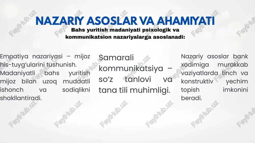 h monitoring tizimi: xodim faoliyati, mijoz shikoyatlari va bahs yuritish jarayoni doimiy nazorat qilinadi. kpi (asosiy samaradorlik ko‘rsatkichlari): shikoyatlar soni va yechim vaqti mijoz qoniqishi darajasi bahslar samaradorligi risklarni kamaytirish mexanizmlari: ichki standartlar va protseduralar doimiy feedback va takomillashtirish ilg‘or xorijiy tajribalarni tatbiq qilish natija: xodim samaradorligi oshadi, mijoz bilan nizolar kamayadi, bank obro‘si saqlanadi. xulosa bahs yuritish madaniyati bank xodimi uchun muhim ko‘nikmadir. samarali muloqot, empatiya va nazariy bilim xodimning muvaffaqiyatini oshiradi. innovatsion texnologiyalar va doimiy tayyorgarlik yordamida bahslar samarali hal qilinadi. monitoring va kpi tizimi yordamida mijoz qoniqishi va bank obro‘si saqlanadi. e'tiboringiz uchun raxmat image1.jpeg image2.jpeg image3.jpeg image4.jpeg image5.jpeg image6.png image7.jpeg image8.png image9.png image10.png image11.jpeg image12.jpeg image13.jpeg image14.png image15.png image16.png image17.jpeg image18.png image19.jpeg image20.png image21.png image22.jpeg image23.png image24.png image25.jpeg /docprops/thumbnail.jpeg