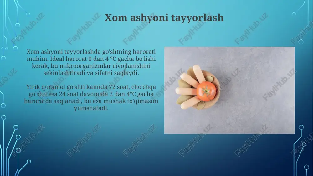 ahsulot uchun 5-10 litr suv ishlatilishi mumkin; tozalash tizimlari va qayta foydalanish bu ko'rsatkichni kamaytiradi. qadoqlash materiallarini kamaytirish va qayta ishlash atrof-muhitga ta'sirni kamaytiradi; masalan, biologik parchalanadigan plyonkalar va qayta ishlanadigan plastmassalar qo'llaniladi. yangi texnologiyalar yuqori bosimli qayta ishlash (hpp) texnologiyasi mikrobial yukni kamaytiradi va saqlash muddatini uzaytiradi, issiqlik ishlov berishidan foydalanmasdan, vitaminlar va ta'mni saqlab qoladi. inson immunitetini kuchaytiruvchi probiotik kolbasa mahsulotlarini ishlab chiqarishda inkapsulyatsiya texnologiyasi probiotiklarning 90% dan ortig'ini omon qoldiradi. tendentsiyalar kamaytirilgan natriy va yog'li kolbasa mahsulotlariga bo'lgan talab ortib bormoqda, ishlab chiqaruvchilar sog'lomroq variantlarni yaratish uchun formulalarni qayta ko'rib chiqmoqdalar, natriy miqdori 25% gacha kamaytirilgan mahsulotlar ommalashmoqda. o'simlik asosidagi kolbasa analoglarining o'sishi davom etmoqda, no'xat oqsili va qo'ziqorin asosidagi mahsulotlar bozorda tobora ko'proq ulushga ega bo'lib, 2024-yilga kelib bozor hajmi 1 milliard dollardan oshishi kutilmoqda. e'tiboringiz uchun rahmat image3.jpg image4.jpg image5.jpg image6.jpg image7.jpg image8.jpg image9.jpg image10.jpg image11.jpg image12.jpg image13.jpg image14.jpg image15.jpg image16.jpg image17.jpg image18.jpg image19.jpg image2.png