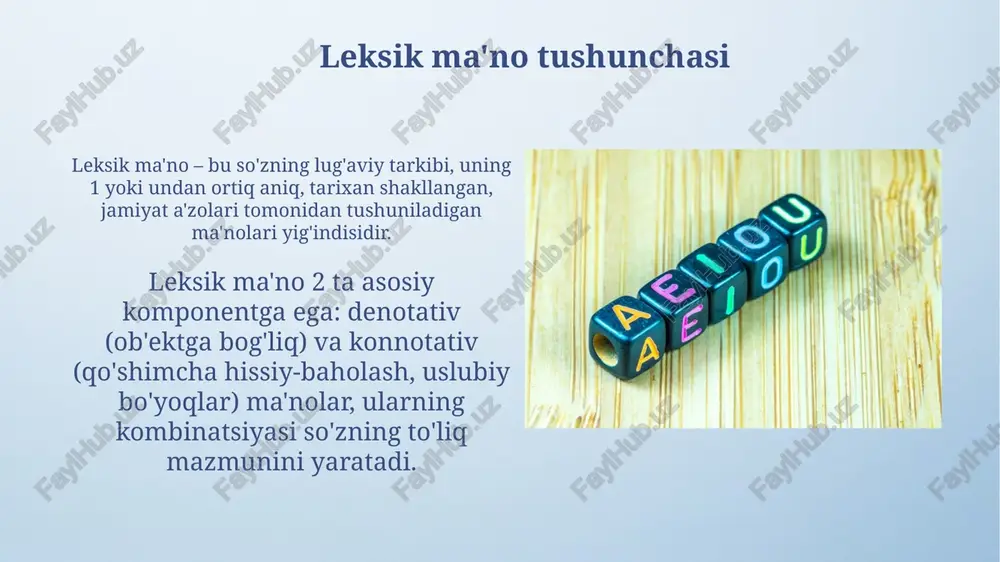 ari boʻlib, bu 3 ta soʻz “rang” tushunchasining konkret misollaridir. giperonimlar giperonimlar – bu 1-darajali atama bo'lib, o'z ichiga 2 yoki undan ortiq giponimlarni qamrab oladi; masalan, "mebel" giperonimi "stol", "stul", "divan" kabi giponimlarni umumlashtiradi. giperonimning ma'nosi keng va umumiy bo'lib, giponimlarning ma'nolaridan iboratdir; agar "gul" giperonim bo'lsa, "atirgul" va "lola" uning 2 xil giponimidir. meronimlar meronimlar butunning bir qismi yoki a'zosini ifodalovchi so'zlardir; masalan, “barmoq” “qo'l”ning meronimidir, chunki beshta barmoq qo'lni tashkil etuvchi qismlardan biridir. “g'ildirak” “avtomobil”ning meronimi hisoblanadi; bitta avtomobilda to'rtta g'ildirak bo'lishi mumkin va ushbu to'rtta g'ildirak avtomobilning muhim qismi sifatida xizmat qiladi. e'tiboringiz uchun rahmat image4.png image5.jpg image6.jpg image7.jpg image8.jpg image9.jpg image10.jpg image11.jpg image12.jpg image13.jpg image14.jpg image15.jpg image16.jpg image17.jpg image18.jpg image19.jpg image20.jpg image21.jpg image1.jpeg