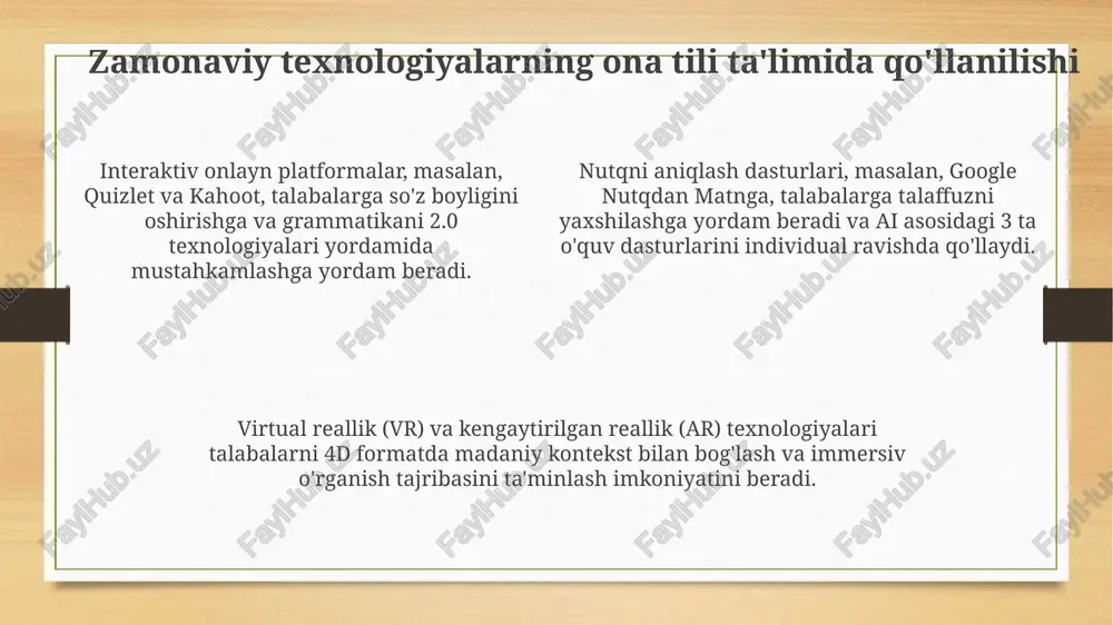 mida madaniy elementlarni integratsiyalash o'quvchilarga 7 xil ijtimoiy-madaniy norma va qoidalarni tushunishga yordam beradi, bu esa jamiyatda muvaffaqiyatli integratsiyalashuvga zamin yaratadi. adabiyot, fol'klor va an'anaviy san'at asarlari orqali madaniy merosni o'rganish, o'quvchilarda ona tiliga bo'lgan hurmatni oshiradi va 15 dan ortiq qadriyatlarni singdiradi. ona tili va til siyosati: milliy o'zlikni saqlash globalizatsiya sharoitida ona tilini saqlash uchun davlat til siyosati 2 tilli ta'lim dasturlarini qo'llab-quvvatlashi, zamonaviy texnologiyalardan foydalanishni rag'batlantirishi lozim. ona tilining siyosiy maqomi milliy o'zlikni saqlashda muhim rol o'ynaydi, 1989-yilda qabul qilingan qonun kabi, bu tilning jamiyatda qo'llanilishi va qadrlanishini belgilaydi. til siyosati ona tilini rivojlantirish uchun byudjet mablag'lari ajratish, o'quv dasturlarini yaratish, o'qituvchilarni tayyorlash kabi 3 asosiy yo'nalishga e'tibor qaratishi kerak. ona tili ta'limida mahalliy hamjamiyat ishtiroki mahalliy hamjamiyat erta bolalik ta'limida 75% ishtirok etishi mumkin, bu yerda ona tili madaniy merosni avloddan avlodga o'tkazishda muhim rol o'ynaydi. 10 ta oqsoqollar guruhi maktab dasturlariga madaniy tadbirlar va o'yinlarni …