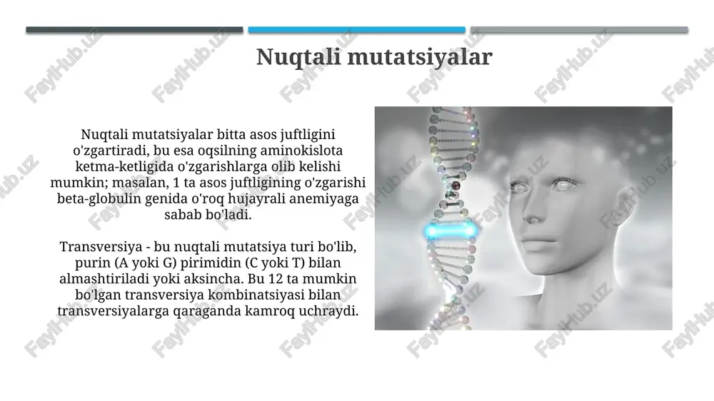 ni nazorat qiluvchi proto-onkogenlar va o'sma suppressor genlaridagi mutatsiyalar tufayli yuzaga keladi, bu nazoratsiz o'sishga olib keladi. dnkni tuzatish genlaridagi mutatsiyalar, masalan, brca1 va brca2, dnk shikastlanishini to'g'ri tuzatish qobiliyatini pasaytiradi, saraton kasalligining rivojlanish xavfini oshiradi. mutatsiyalarning oldini olish radiatsiyaga ta'sir qilishni cheklash muhimdir. ish joylarida himoya choralarini ko'rish va tibbiy rentgen nurlaridan keraksiz foydalanishdan qochish orqali radiatsiya ta'sirini kamaytirish mutatsiyalar xavfini kamaytiradi. kimyoviy mutagenlarga ta'sir qilishni kamaytirish zarur. masalan, benzol yoki asbest kabi zararli moddalar bilan ishlashda 100% himoya vositalaridan foydalanish mutatsiyalarning oldini olishga yordam beradi. mutatsiyalarni davolash yondashuvlari geniya terapiyasi genning mutatsiyasini to'g'rilash uchun crispr-cas9 kabi texnologiyalardan foydalanadi, bu esa 80% muvaffaqiyat darajasi bilan ba'zi genetik kasalliklarni davolashga imkon beradi. farmakoterapion yondashuvlar, masalan, enzim o'rnini bosuvchi terapiya (ert), almashtirilgan protein funksiyasini qisman tiklash uchun 75% hollarda fermentlar yo'qligini bartaraf etadi. xulosa xulosa qilib aytganda, mutatsiyalar dnk ketma-ketligining o'zgarishi bo'lib, ular spontan ravishda yoki mutagenlar ta'sirida yuzaga keladi va …