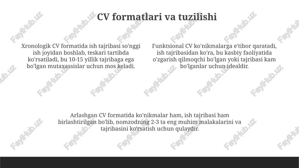suhbat davomida muhokama qilingan lavozim va kompaniya haqida eslatmalar yozing. ushbu eslatmalar kelajakdagi suhbatlar yoki kompaniya bilan muloqot uchun muhim ma'lumotlarni o'z ichiga oladi. intervyudan so'ng, 24-48 soat ichida minnatdorchilik xatini yuboring. xatda suhbat uchun rahmat aytib, kompaniyaga bo'lgan qiziqishingizni yana bir bor tasdiqlang va asosiy malakalaringizni ta'kidlang. suhbatdan keyin 1 haftadan so'ng, agar javob bo'lmasa, suhbat o'tkazgan shaxsga murojaat qiling. sizning qiziqishingizni tasdiqlang va keyingi qadamlar haqida ma'lumot so'rang. onlayn intervyular uchun maslahatlar onlayn intervyu davomida texnik nosozliklar bo'lmasligi uchun kamida 30 daqiqa oldin mikrofon, kamera va internet aloqasini tekshiring va sozlang. orqa fonni tozalang va 1-2 ta neytral rangdagi devor yoki kitob javoniga e'tibor qarating. diqqatni chalg'ituvchi elementlardan xoli bo'lish muhim. intervyu davomida ko'z bilan aloqani saqlash uchun kamera linzasiga qarang. ekranga emas, kamera orqali suhbatlashish orqali ishonch hosil qiling. ish haqi bo'yicha muzokaralar ish haqi bo'yicha muzokaralarni boshlashdan oldin, bozordagi o'rtacha stavkani linkedin salary yoki glassdoor kabi …