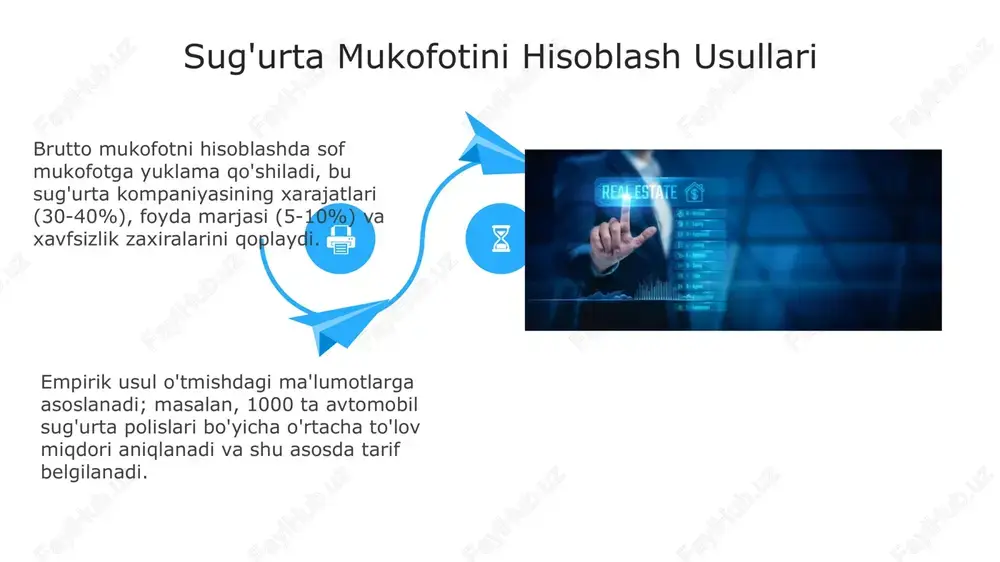 hilar uchun xavf yuqori bo'lgani sababli, tarif stavkalari o'rtacha 15-20% ga yuqori bo'lishi mumkin. uy-joy sug'urtasida, zilzila xavfi yuqori bo'lgan hududlarda, sug'urta mukofoti 0,5-1% dan ko'proq bo'lishi, binoning qiymatiga bog'liq bo'lishi mumkin. uy-joy sug'urtasida, zilzila xavfi yuqori bo'lgan hududlarda, sug'urta mukofoti 0,5-1% dan ko'proq bo'lishi, binoning qiymatiga bog'liq bo'lishi mumkin. sug'urta mukofoti nima? sug'urta mukofoti - bu sug'urta qoplamasi uchun sug'urtalovchiga to'lanadigan pul miqdori, shartnoma bo'yicha xavfni qoplash uchun. bu, odatda, umumiy sug'urta tarifining bir qismi hisoblanadi. sug'urta mukofoti xavf darajasi, qoplanadigan summa va sug'urta muddatiga bog'liq. misol uchun, 100 million so'mlik qoplamani sug'urta qilish 1 million so'mga tushishi mumkin. tarif stavkalarining shakllanishi tarif stavkalari xavfni baholash natijalariga asoslanadi, bu yerda ehtimollik 0 dan 1 gacha bo'lgan oraliqda aniqlanadi va potensial zararning o'rtacha qiymati hisoblanadi. aktuar hisob-kitoblar statistik ma'lumotlardan foydalanib, kelajakdagi to'lovlarni prognoz qiladi, bu esa tarif stavkasining asosiy qismini tashkil etadi va foizlarda ifodalanadi. e'tiboringiz uchun rahmat image5.png image6.jpg …