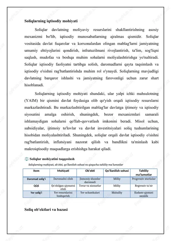gan qiymatni olish tovar/xizmatlar biznes sub'ektlari tovar narxiga ta'sir mulkiy soliq mulkiy boylikni olish mulkiy ob'ektlar mulkiy egalari mulkiy qiymatga bog'liq soliqlarning ijtimoiy ahamiyati soliqlar faqatgina davlat byudjetini to'ldirish vositasi emas, balki ijtimoiy adolatni ta'minlashda muhim rol o'ynaydi. soliq tushumlaridan ijtimoiy dasturlarni moliyalashtirish orqali davlat aholining ijtimoiy himoyaga muhtoj qatlamlarini qo'llab-quvvatlaydi. bu dasturlarga pensiyalar, nafaqalar, tibbiy xizmatlar, ta'lim va boshqa ijtimoiy xizmatlar kiradi. soliqlarning ijtimoiy ahamiyati ayniqsa, daromadlar tengsizligi yuqori bo'lgan jamiyatlarda yaqqol ko'rinadi, bunda soliqlar orqali daromadlarni qayta taqsimlash ijtimoiy barqarorlikni ta'minlashga yordam beradi. ijtimoiy ahamiyatga ega sohalarni moliyalashtirishdan tashqari, soliqlar ijtimoiy xulq-atvorni tartibga solishda ham qo'llaniladi. misol uchun, aksizlar tamaki mahsulotlari va alkogolga yuqori soliq solish orqali ularning iste'molini kamaytirishga qaratilgan. atrof-muhitga zarar yetkazuvchi faoliyatga soliq solish ekologik toza texnologiyalarni joriy etishni rag'batlantiradi. ushbu turdagi soliqlar ijtimoiy farovonlikni oshirishga va jamiyat uchun zararli bo'lgan xatti-harakatlarni kamaytirishga qaratilgan. 📊 soliqlar: mohiyati, ob'ekti, qo'llanilishi va tahlil ushbu jadval soliqlar mohiyati, …