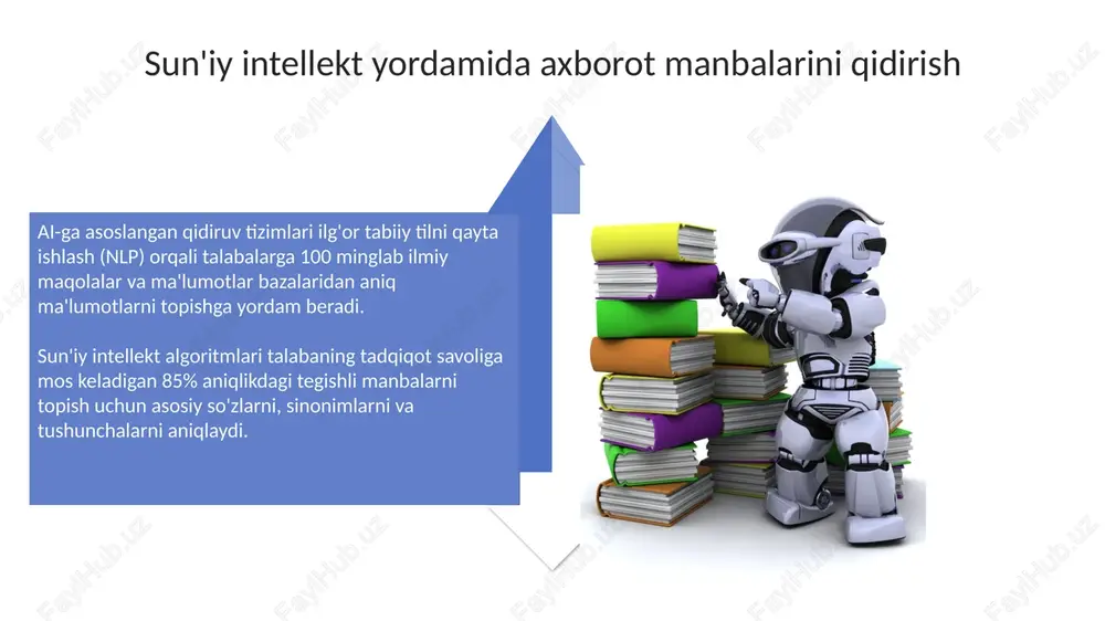 tida, o'zlashtirish darajasini oshiradi. savol-javob sessiyasi savol-javob sessiyasida talabalarning 95%i ai vositalaridan foydalanish boʻyicha amaliy misollar, shuningdek, uning akademik axloqqa ta’siri haqida savol berishlari kutilmoqda. sessiyada ai tomonidan yaratilgan axborot manbalarining 80% dan ortig'i talabalar tomonidan sinchiklab tekshirilishi va kritika qilinishi, manbalar sifatini oshirish uchun muhim. xulosa: ai va ta'limning uyg'unligi ai va ta’lim integratsiyasi o’quv jarayonini 30% gacha tezlashtirishi mumkin, bu esa talabalarga ko’proq vaqt ajratish imkonini beradi. ai texnologiyalari yordamida ta’limda 2.0 versiyasi yaratiladi, bu esa har bir talabaning individual ehtiyojlariga moslashishni ta’minlaydi. keyingi qadamlar: ai dan foydalanish bo'yicha tavsiyalar ai vositalaridan foydalanishni 101-darajali kurslar bilan boshlang, manbalarni baholash mezonlarini o'rgating. bu talabalarga ai tahlilini tanqidiy baholash ko'nikmalarini shakllantirishga yordam beradi. talabalarni google scholar, semantic scholar kabi ilmiy ma'lumotlar bazalarida ai yordamida qidiruv usullari bilan tanishtiring, ularga 3-4 ta ishonchli manbalarni topishda yordam bering. e'tiboringiz uchun rahmat image3.png image4.jpg image5.jpg image6.jpg image7.jpg image8.jpg image9.jpg image10.jpg image11.jpg image12.jpg image13.jpg …