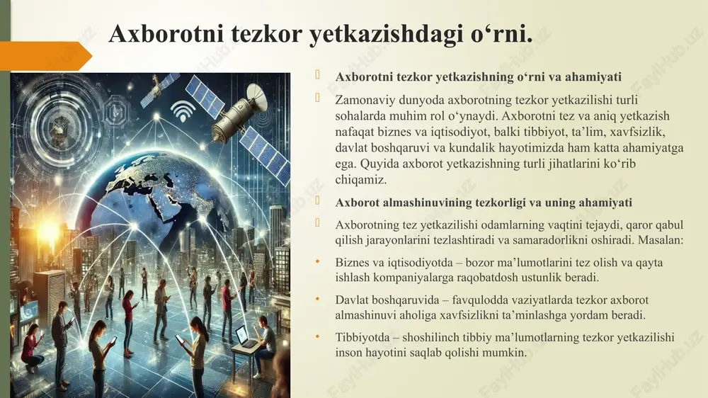 lolmaydi va bu ularning kundalik hayotiga salbiy ta’sir ko‘rsatadi. 5. ish joylarining yo‘qolishi avtomatlashtirilgan axborot texnologiyalari tufayli ba’zi kasblar yo‘qolib borishi mumkin. 🔹 masalan, bank va moliya sohalarida sun’iy intellekt va tezkor ma’lumot ishlovchi tizimlar ishchilarga bo‘lgan ehtiyojni kamaytirishi mumkin. 6. ijtimoiy manipulyatsiya xavfi tezkor axborot oqimi ba’zan jamiyatga ta’sir o‘tkazish uchun noto‘g‘ri maqsadlarda ishlatilishi mumkin. 🔹 masalan, saylovlar paytida yoki siyosiy jarayonlarda manipulyatsion axborot yordamida odamlarning fikri boshqarilishi mumkin. raqamli texnologiyalar bilan bog‘liqligi. axborotni tezkor yetkazish bugungi kunda raqamli texnologiyalarsiz tasavvur qilib bo‘lmaydi. internet, sun’iy intellekt, mobil tarmoqlar va bulutli texnologiyalar axborot oqimini tezlashtirishda asosiy rol o‘ynaydi. 1. raqamli texnologiyalarning axborot yetkazishdagi roli internet va ijtimoiy tarmoqlar – ma’lumotni soniyalar ichida milliardlab odamlarga yetkazish imkonini beradi. sun’iy intellekt (ai) – ma’lumotlarni tezkor tahlil qiladi, filtrlaydi va shaxsiylashtirilgan axborotni taqdim etadi. mobil texnologiyalar va 5g – istalgan joydan tezkor axborot almashish imkonini beradi. bulutli texnologiyalar – katta hajmdagi ma’lumotlarni global …