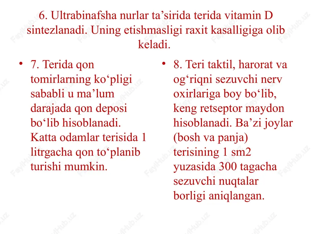 laridan iborat bo‘lib, ular orasidagi biriktiruvchi to‘qimada ko‘plab qon tomirlar, nerv tolalari va erkin hamda kapsulali nerv oxirlari (krauze kolbalari, ruffini va fater — pachini tanachalari) joylashadi. terining yog‘ kletchatkasi yumshoq qatlam hosil qilib, mexanik ta’sirlardan asraydi. teri osti ѐg‘ kletchatkasi-organizm uchun ѐg‘ deposi hisoblanib, tana haroratini mo‘‘tadil tutib turishda ham ishtirok etadi. epidermis dermaning to’rsimon qavati dermaning so’rg’ichli qavati epidermis derma gipoderma elastin kollagen gialuron teri osti yog’ kletchatka to’rsimon qavat so’rg’ichli qavat bazal qavat tikanaksimon qavat yaltiroq qavat elastin muguz qavat so’rg’ichli qavat to’rsimon qavat kollagen elastin fibroblast gialurin kislota teri qavatlari epidermis derma teri osti yog’ qavati d e r m a so’rg’ichli qavat to’rsimon qavat bu qavatda ter bezlari, yog’ bezlari, soch ildizlari, silliq mushak tutamlari, nerv oxirlari joylashgan. kollagen va elastik tolalar teriga mustaxkamlik va elastikligini ta’minlaydi. sochni ko’taruvchi mushaklar epidermis derma teri osti yog\ kletchatka nerv oxirlari pora kapilyarlar qon tomirlar qavati soch haltasi …