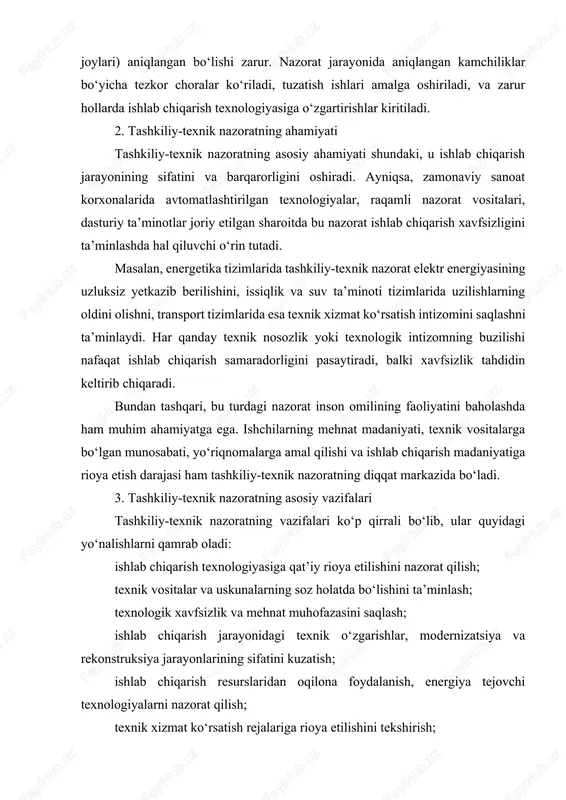 lar bajarilganligi, hujjatlar bilan muvofiqlik darajasi tekshiriladi. bu bosqichlar bir-biri bilan uzviy bog‘langan bo‘lib, ulardan biri sust amalga oshirilsa, butun nazorat tizimi samarasiz bo‘lib qoladi. 5. tashkiliy-texnik nazoratning maqsadi tashkiliy-texnik nazoratning asosiy maqsadi — korxona yoki tashkilot faoliyatida texnik intizomni mustahkamlash, ishlab chiqarish texnologiyasining to‘g‘ri bajarilishini ta’minlash va ishlab chiqarish samaradorligini oshirishdir. u texnik, texnologik va tashkiliy jarayonlarni boshqarishning ajralmas qismi sifatida sifat menejmenti tizimining (iso 9001 va sh.k.) muhim komponenti bo‘lib xizmat qiladi. bundan tashqari, bu nazorat mehnat unumdorligini oshirish, ishlab chiqarishdagi isrofgarchiliklarni kamaytirish, ishlab chiqarish resurslaridan samarali foydalanish, texnik xizmat ko‘rsatish tizimini takomillashtirish, avariya va texnik nosozliklar xavfini kamaytirish, va ishlab chiqarishdagi xavfsizlik madaniyatini yuksaltirishga xizmat qiladi. tashkiliy-texnik nazoratning ikkinchi darajadagi maqsadi — texnik standartlarni xalqaro me’yorlarga moslashtirish, yangi texnologiyalarni sinovdan o‘tkazish, ishlab chiqarish jarayonida axborot texnologiyalarini joriy etish orqali nazorat tizimini raqamlashtirishdir. 6. xulosa sifatida xulosa qilib aytganda, tashkiliy-texnik nazoratning mohiyati ishlab chiqarish jarayonida texnik tartibni, mehnat …