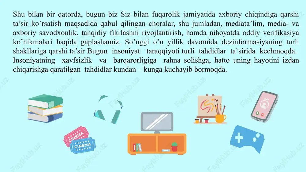 tlarning ildiz otib ketishi, ma`naviy qashshoqlik xalqimiz orasidagi mehr-oqibatlilik, millatparvarlik, fidoiylik singari fazilatlarning yo`qolib borishiga sababchi bo`layotgan edi. mafkuraviy, g`oyaviy, ma`naviy taxdidlarni oldini olishning asosiy yo`li milliy-ma`naviy tiklanishga erishish, milliy ma`naviyatni yuksaltirishdir. atrofga nazar tashlar ekanmiz bunday taxdidlar oqibatida dunyoning ayrim xududlarida ma`naviy yo`qotishlar sodir bo`layotganligini, butun boshliq millatlarning asrlar mobaynida to`plab kelgan ma`naviy meroslari yo`qolib borayotganligini, ularning turmush tarzlari, milliy mentalitetlari izdan chiqayotganligini ko`rish mumkin. mafkuraviy, g`oyaviy, ma`naviy taxdidlarning eng xavfli tomoni shundan iboratki u jamiyat a`zolarini eng avvalambor, yoshlarni o`z vataniga, xalqiga, millatiga bo`lgan muxabbatini so`ndiradi, ulardagi millatparvarlik, vatanparvarlik g`oyalaridan chalg`itib, ularni befarq kishilarga aylantiradi. axborotni muhofaza qilishning maqsadi va konseptual asoslari. umuman olganda axborotni muhofaza qilishning maqsadini quyidagicha ifodalash mumkin: – axborotni tarqab ketishi, o‘g‘irlanishi, buzilishi, qalbakilashtirilishini oldini olish; – shaxs, jamiyat, davlatning xavfsizligiga tahdidni oldini olish; – axborotni yo‘q qilish, modifikatsiyalash, buzish, nusxa olish, blokirovka qilish kabi noqonuniy harakatlarning oldini olish; – axborot resurslari va axborot …