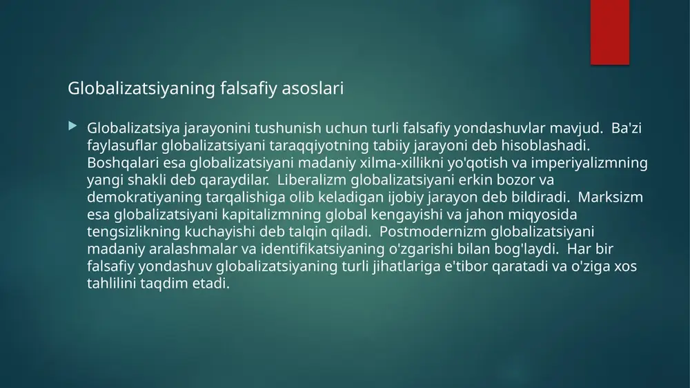 hiqaradi. kiberjihatlar, shaxsiy ma'lumotlarning himoyalanmasligi va axborot manipulyatsiyasi kabi muammolar global miqyosda muhim ahamiyatga ega. axborot texnologiyalaridan foydalanishda axloqiy jihatlarga e'tibor qaratish kerak. axborot xavfsizligini ta'minlash va internetdan foydalanish madaniyatini rivojlantirish zarurdir. axborot texnologiyalari va globallashuv globallashuv siyosiy tizimlarga ham ta'sir ko'rsatadi. davlatlararo munosabatlarning o'zgarishi va xalqaro tashkilotlarning roli kuchayishi globallashuvning siyosiy oqibatlaridan biridir. globallashuv milliy davlatlarning suverenitetini zaiflashtirishi mumkin. shu bilan birga, globallashuv xalqaro hamkorlikni kuchaytirishga va global muammolarni hal qilishga yordam beradi. xalqaro huquqning rivojlanishi va xalqaro tashkilotlarning faoliyati globallashuv sharoitida muhim ahamiyatga ega. globallashuv sharoitida siyosiy barqarorlikni ta'minlash uchun davlatlar o'rtasidagi o'zaro ishonch va hamkorlikni mustahkamlash zarurdir. globallashuvning siyosiy oqibatlari globallashuv jahon iqtisodiyotini o'zgartiradi va global iqtisodiy aloqalarni kuchaytiradi. jahon savdosining o'sishi va tovarlarning erkin aylanishi globallashuvning iqtisodiy oqibatlaridan biridir. shu bilan birga, globallashuv iqtisodiy tengsizlikni kuchaytirishi va ba'zi mamlakatlarning iqtisodiy bog'liqligiga olib kelishi mumkin. globallashuv sharoitida iqtisodiy barqarorlikni ta'minlash uchun adolatli global iqtisodiy tizim yaratish zarur. …