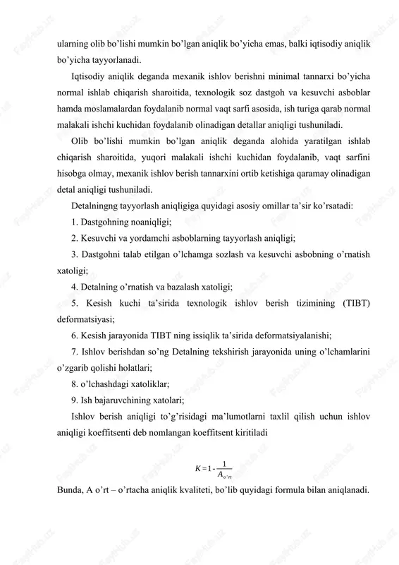 chi asbobning o’lchamlari yemirilishi natijasida hosil bo’luvchi xatoliklar hisobi. kesuvchi asbobning kesish yo’liga bog’liqligi uning o’lchami yemirilishi orqali ifodalanadi. bu o’z navbatida 1000 m yo’l hisobiga keltiriladi va keltirilgan o’lchamli yemirilish k orqali aniqlanadi. yo’nishda kesish yo’li l, m da quyidagicha aniqlanadi: , m bu yerda: d-ishlov berilayotgan yuza diametri, mm; l- ishlov berilayotgan yuza uzunligi, mm; s- uzatishlar miqdori, mm/ob’ekt. bitta partiyadagi n detallarga ishlov berilsa, u holda umumiy yo’l ln=l×n. kesuvchi asbobni moslashishi uchun dastlabki yemirilish yo’lini 1000 m deb olsak, , m normativlardan foydalanib keltirilgan yemirilish k ni qabul qilsak, u holda umumiy yemirilish er bo’ladi; moslamaning xatoligi uning detallarini xatoligi va yemirilishi natijasida hosil bo’lib, tayyorlanayotgan detalningng qo’yimlari maydoni qiymatidan 1/3-1/5 barobar ortib ketmasligi kerak. dastgohni talab etilgan o’lchamga sozlash va kesuvchi asbobni o’rnatish xatoliklari. donali ishlab chiqarish sharoitida kesuvchi asbobni sozlash ishlov berish davrida ishchi tomonidan amalga oshiriladi. seriyali va yalpi ishlab chiqarish sharoitlarida esa …