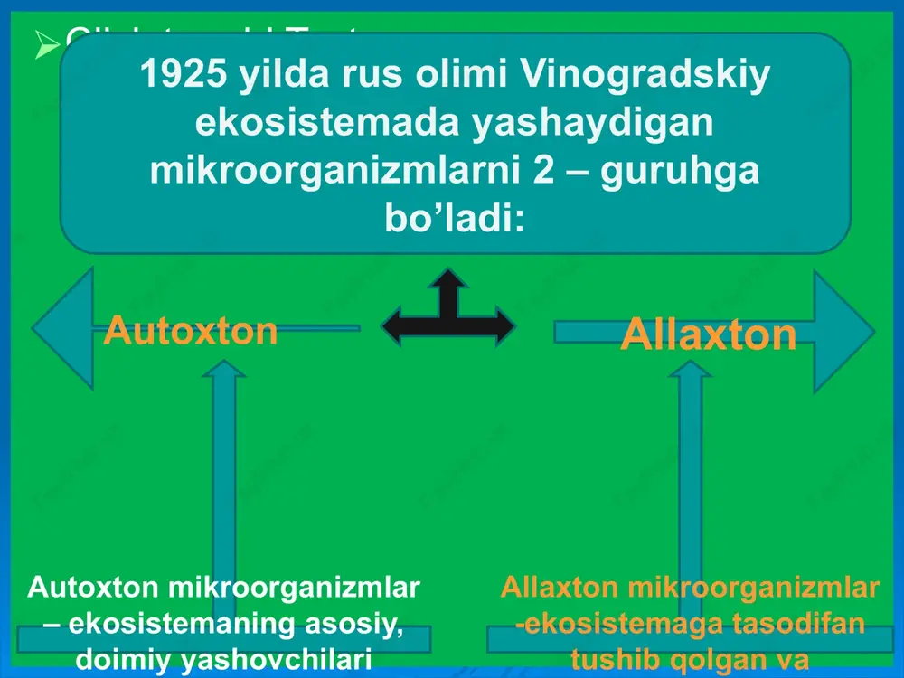 m ashyo, uskunalar, maxsulotlar; tibbiyot obʼektlariga tibbiy asbob –uskunalar, bogʼlov materiallari, dorivor moddalar , dizenfektsiyalovchi moddalar kiradi. odam organizimi normal mikroflorasi tugʼilayotgan vaqtda birinchi marta uchraydi; mana shular normofloraning biotoplarini tashkil qiladi. odam homilasi bachadon ichida steril boʼladi; soʼng tashqi muhit mikroblari tusha boshlaydi; odam organizmining muhim biotoplari teri qatlami 1sm2 = 103-104 ≈ 10-15 turlar ko’zning shilliq qavati 1 ml = 101 – 102 ≈ 3-5 tur oshqozon ichak trakti 1 gr/ml = 1013 – 1014 ≈ 500 turlar siydik yollari trakti 1 ml = 106 – 108 ≈ 30 turlar og’iz bo’shlig’ 1ml = 107 – 108 ≈ 200 ta turi nafas olish trakti 102 – 104 5-10 turgacha odam organizmida joylashgan organlar tashqi muhitga nisbatan 2 guruxga boʼlinadi : tashqi muhit bilan tutashmaydigan organlar (bosh miya, orqa miya, yurak, qon, limfa,bachadon) steril boʼladi. tashqi muhit bilan tutashadigan organlar (teri, koʼz, quloq, burun,ogʼiz boʼshligʼi,tanosil organlar) mikroorganizm lar uchraydi. …