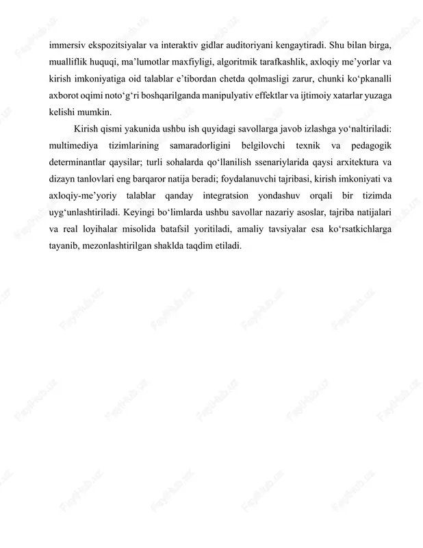 video, animatsiya hamda interaktiv boshqaruv elementlarini — yagona semantik makon va texnik arxitekturaga integratsiyalash jarayoni sifatida talqin qilinadi. bu integratsiya uch qatlamli model orqali tushuntiriladi: kontent qatlamida multimodal ma’lumotlar to‘plami va ularning semantik bog‘lanishi; taqsimlash–ishlov berish qatlamida kodlash, siqish, sinxronlash, transkodlash, kechikishni boshqarish va tarmoqlar bo‘ylab uzatish; interfeys qatlamida esa foydalanuvchi–tizim o‘zaro ta’sirini ta’minlaydigan hci prinsiplari, signallarni ko‘rish–eshitish organlari bilan uyg‘unlashtirish va kognitiv ergonomika. shu uchlik o‘zaro moslashganda multimediya tizimlari nafaqat “ko‘p formatli” taqdimot, balki ma’lumotni anglash va qayta ishlashga xizmat qiladigan kognitiv vosita sifatida ishlaydi. mazmuniy jihatdan multimediya ikki tipdagi bog‘lanishga tayangan: sinxron bog‘lanish real vaqt rejimida audio–video oqimlar, subtitr va interaktiv triggerlar orasidagi aniq vaqt moslashuvini talab qiladi; asinxron bog‘lanish esa sahifa, slayd yoki sahna darajasida kontent segmentlari o‘rtasidagi semantik izchillikni ta’minlaydi. kodlash–siqish algoritmlari (masalan, audio uchun pcm, mp3, aac; video uchun mpeg-2, h.264/avc, h.265/hevc, av1) axborot hajmini qisqartirgan holda idrok sifati va o‘tkazuvchanlik o‘rtasida muvozanat yaratadi. oqimli …